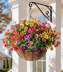 HyeFlora Artificial Faux Hanging Plants Basket front view with daisies and eucalyptus