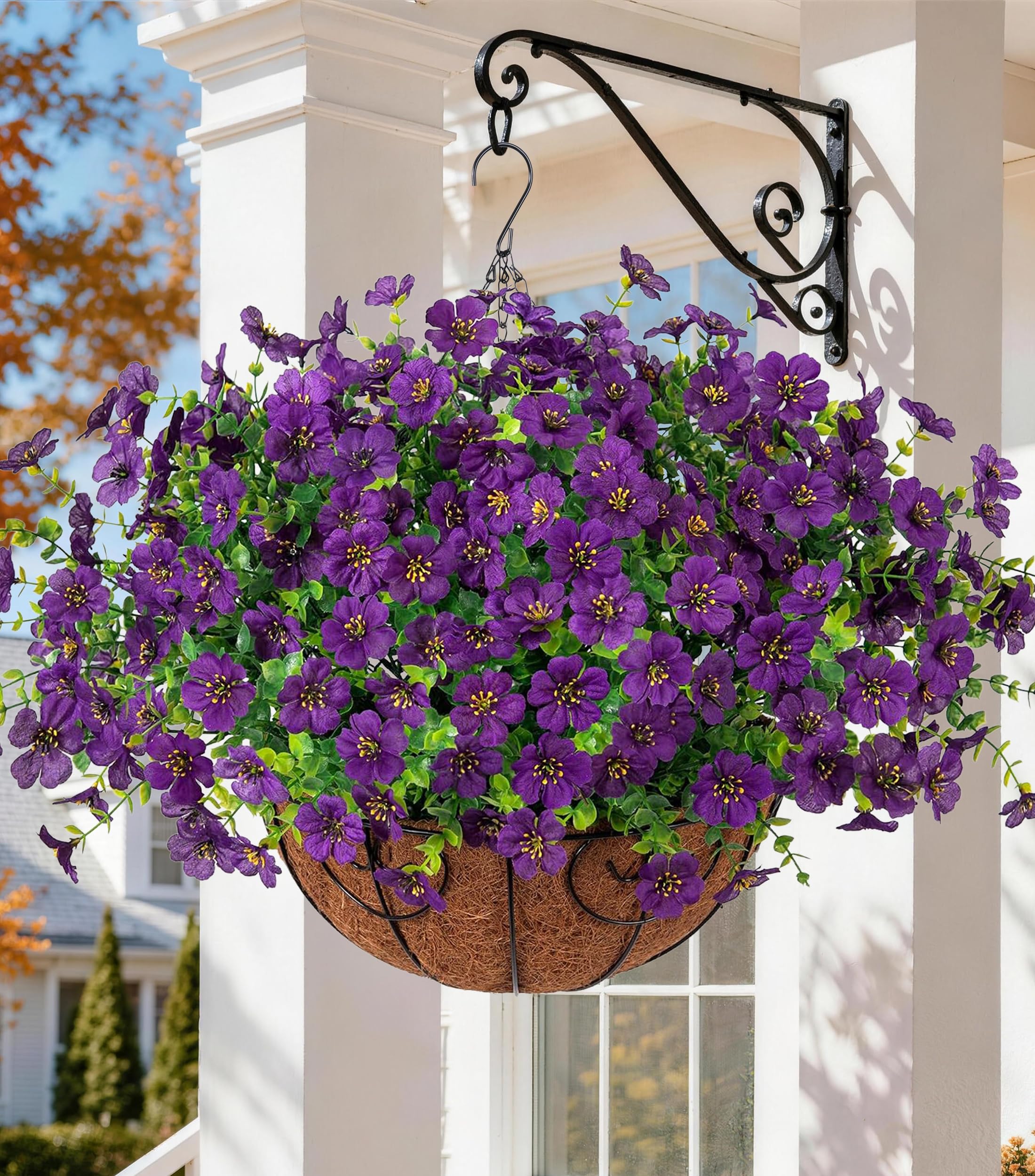 HyeFlora Artificial Hanging Flower Basket with dark purple flowers
