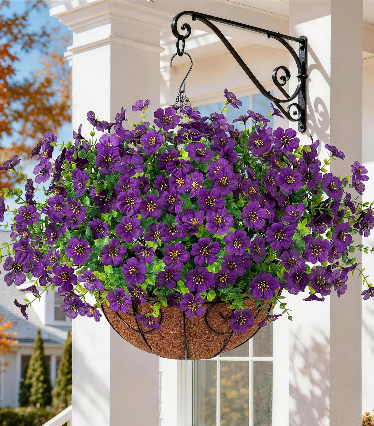 HyeFlora Artificial Hanging Flower Basket with dark purple flowers