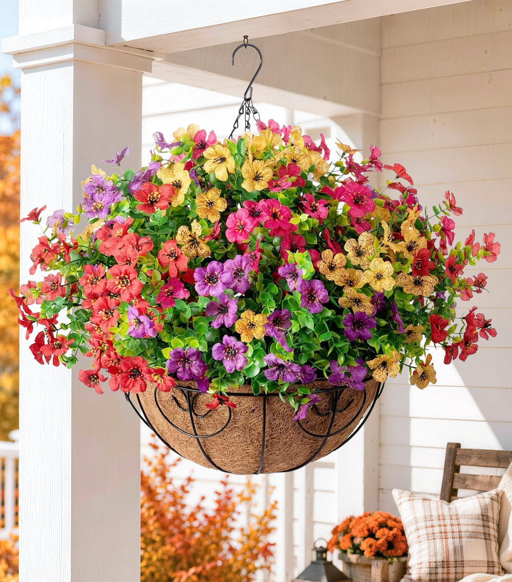 HyeFlora hanging flower basket side view showcasing rattan container and flowers