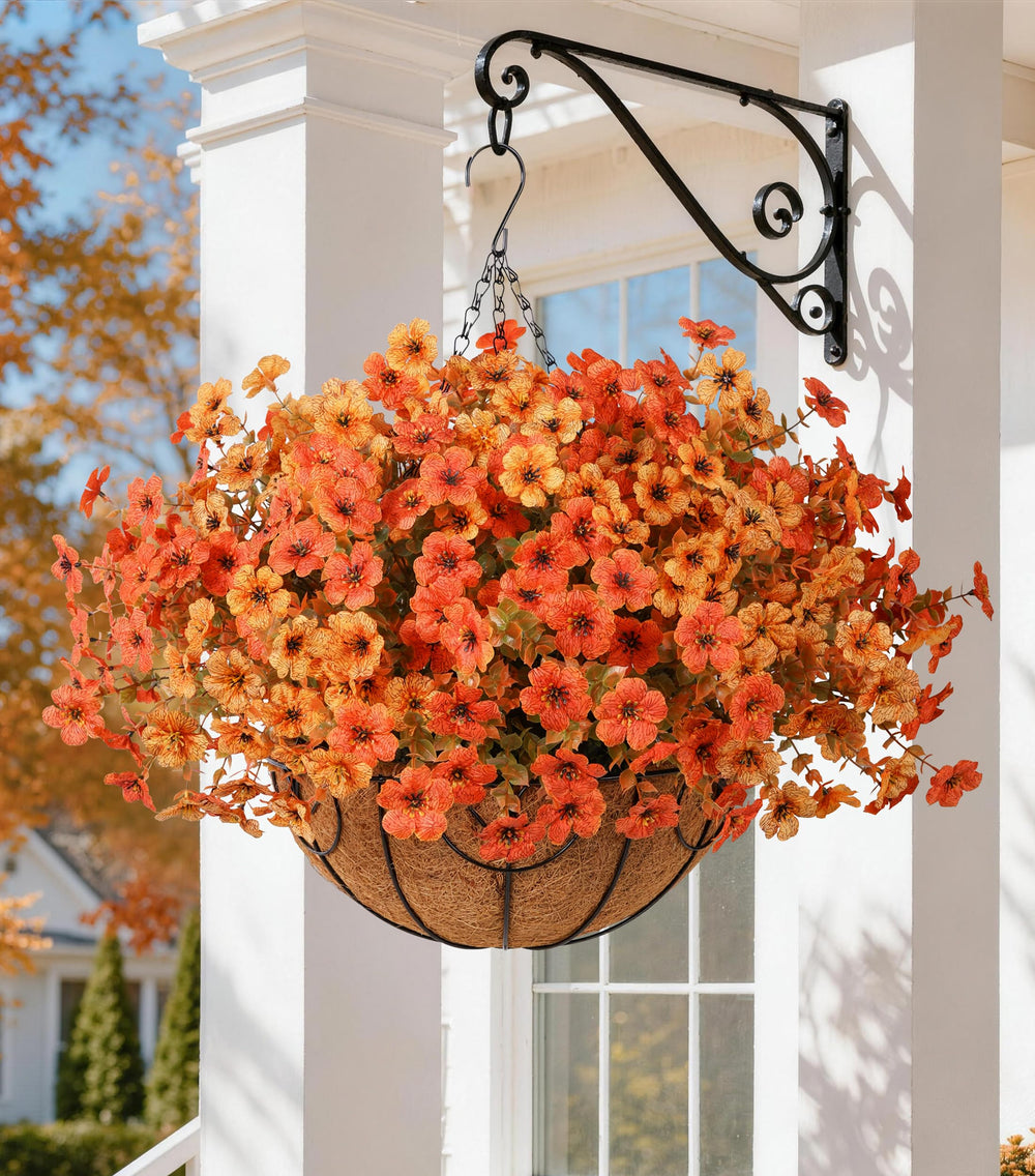HyeFlora Hanging Planter with faux flowers in fall-orange yellow