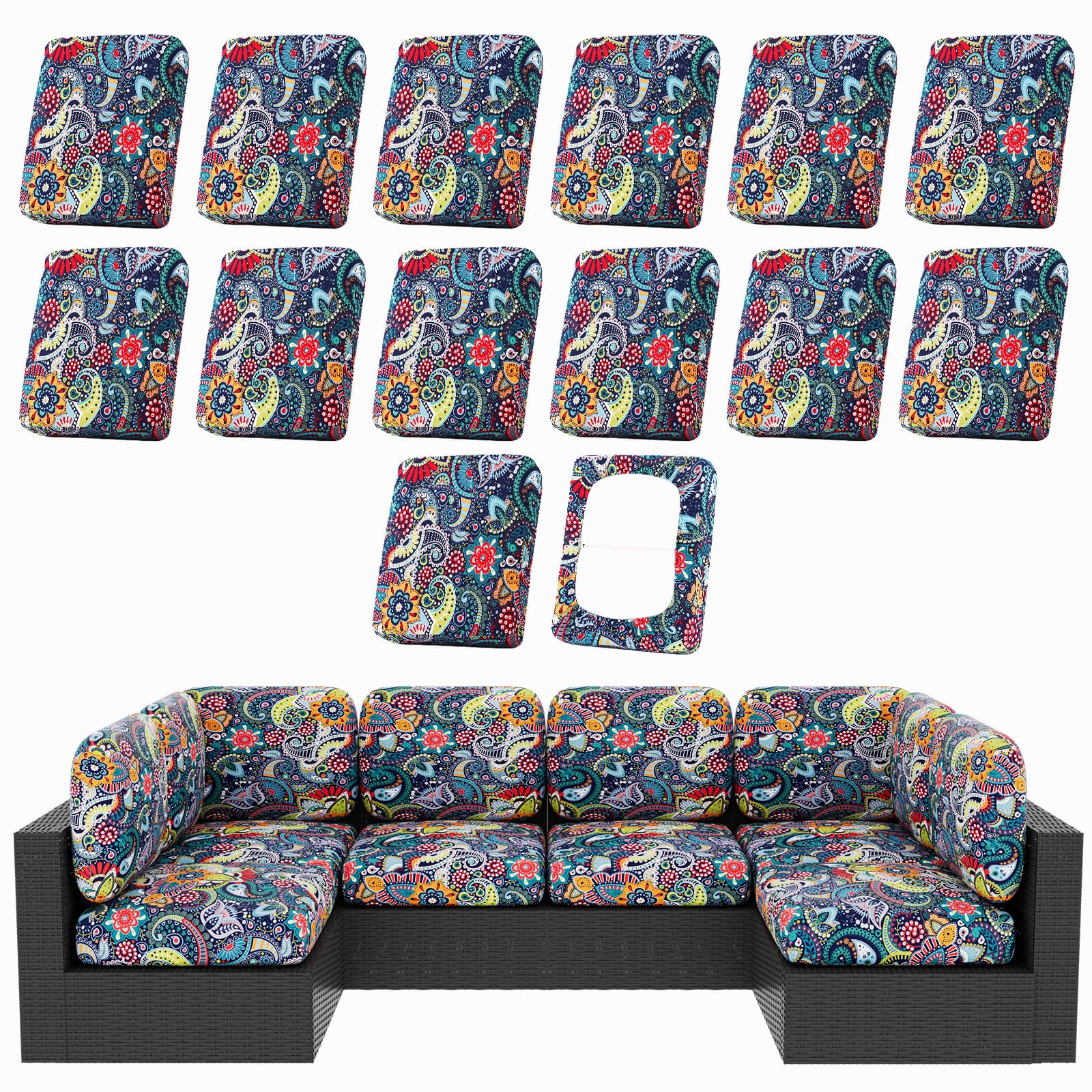 hyha 14-piece patio cushion covers in paisley pattern, front view
