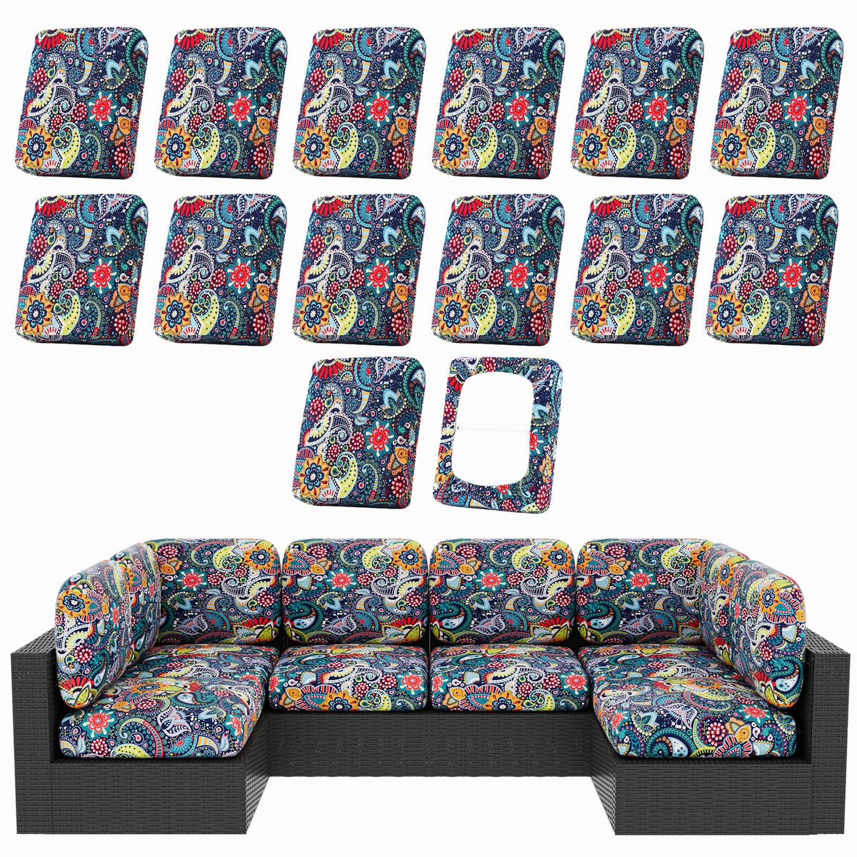 hyha 14-piece patio cushion covers in paisley pattern, front view