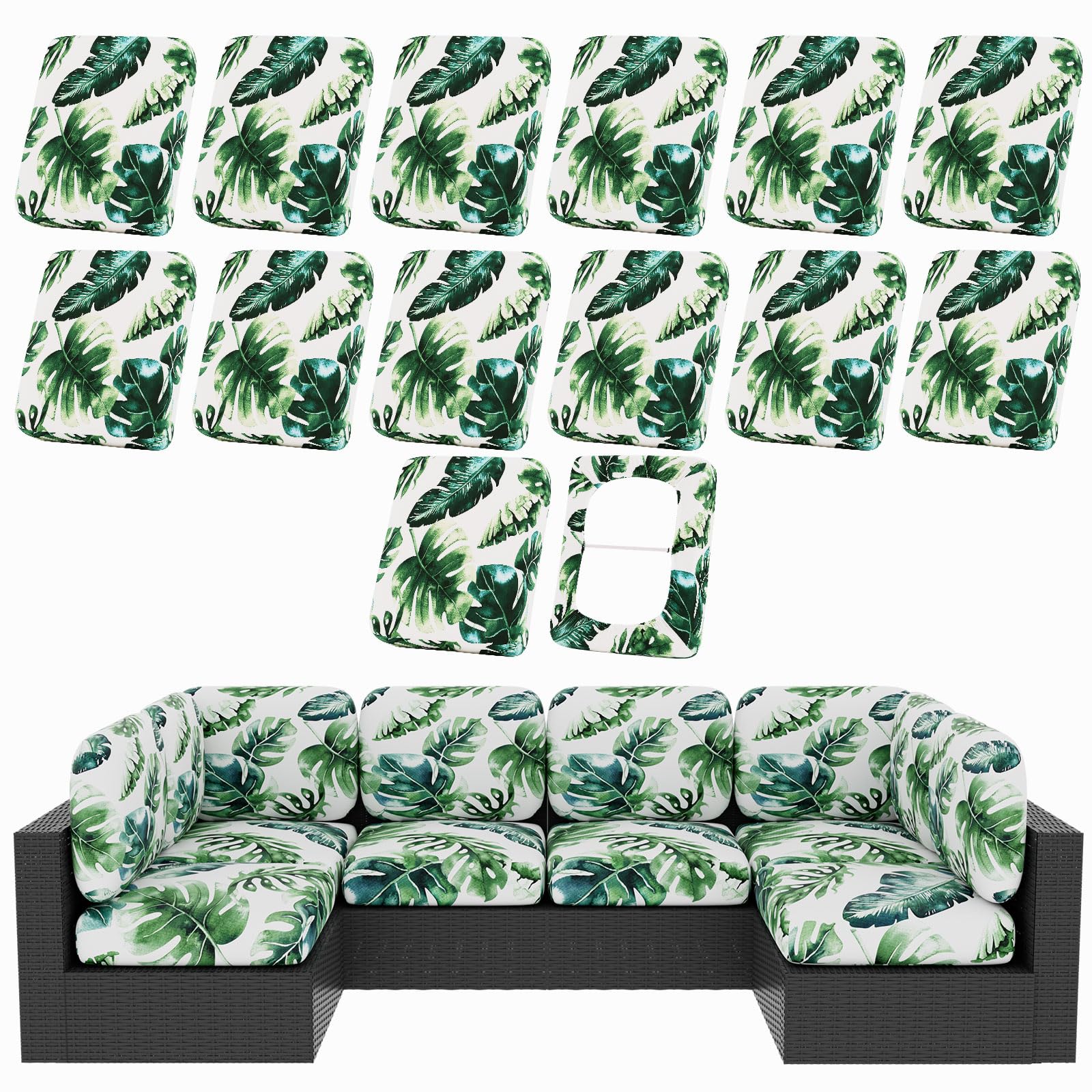 hyha 14Pcs Patio Cushion Covers in Monstera Deliciosa front view