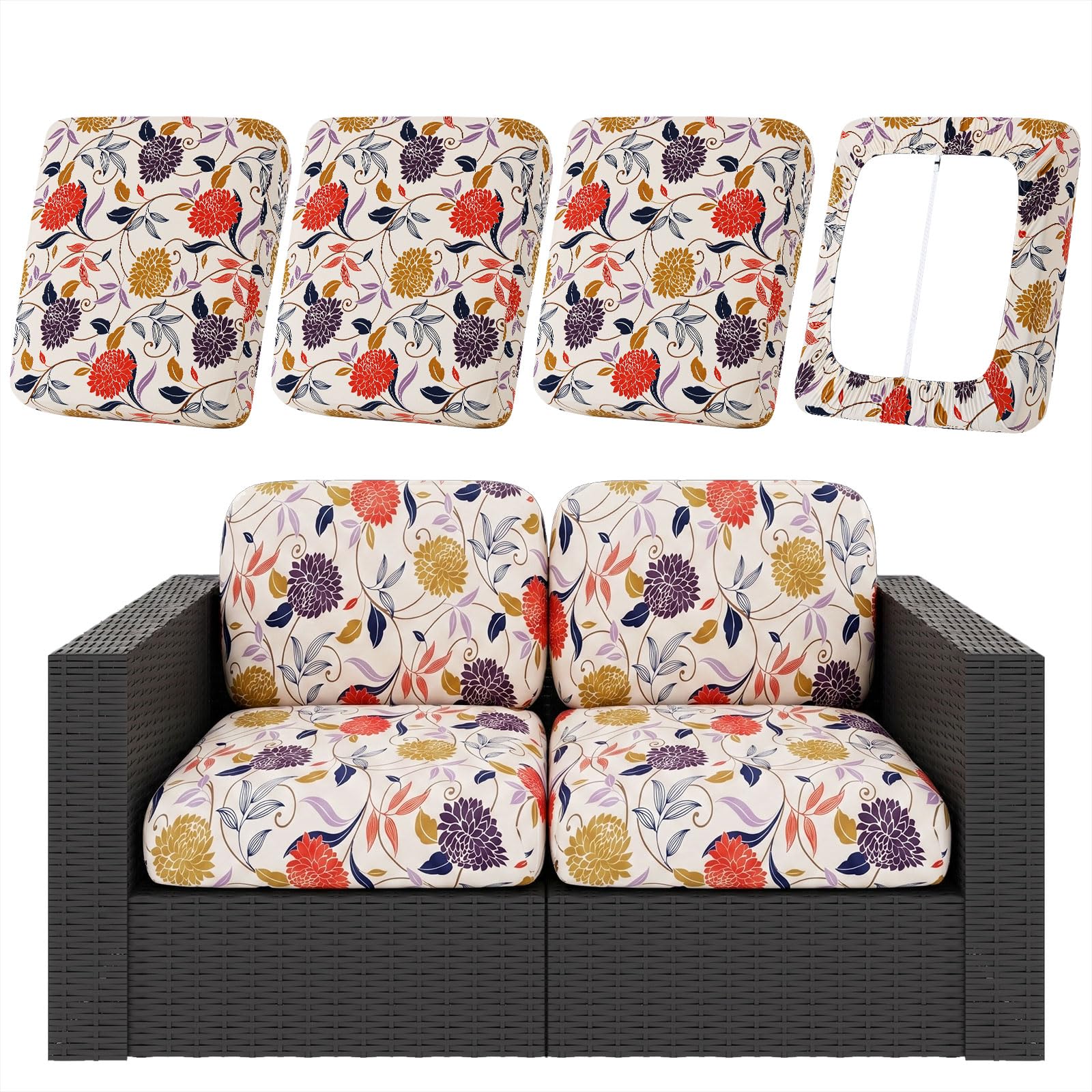 hyha 4Pcs Patio Cushion Covers in Flower Vine design, front view