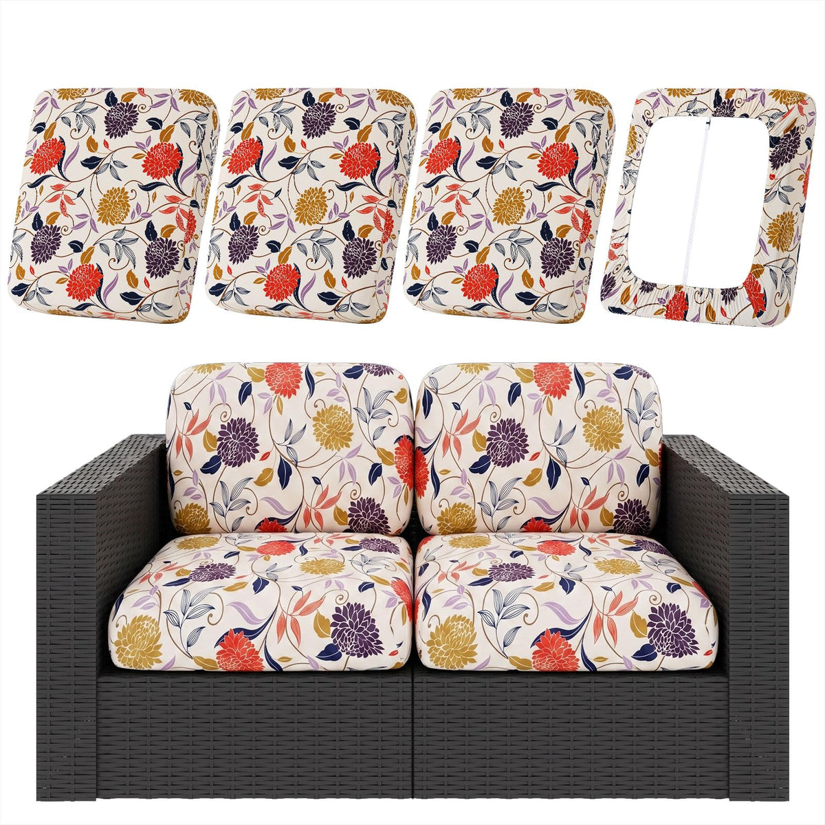 hyha 4Pcs Patio Cushion Covers in Flower Vine design, front view