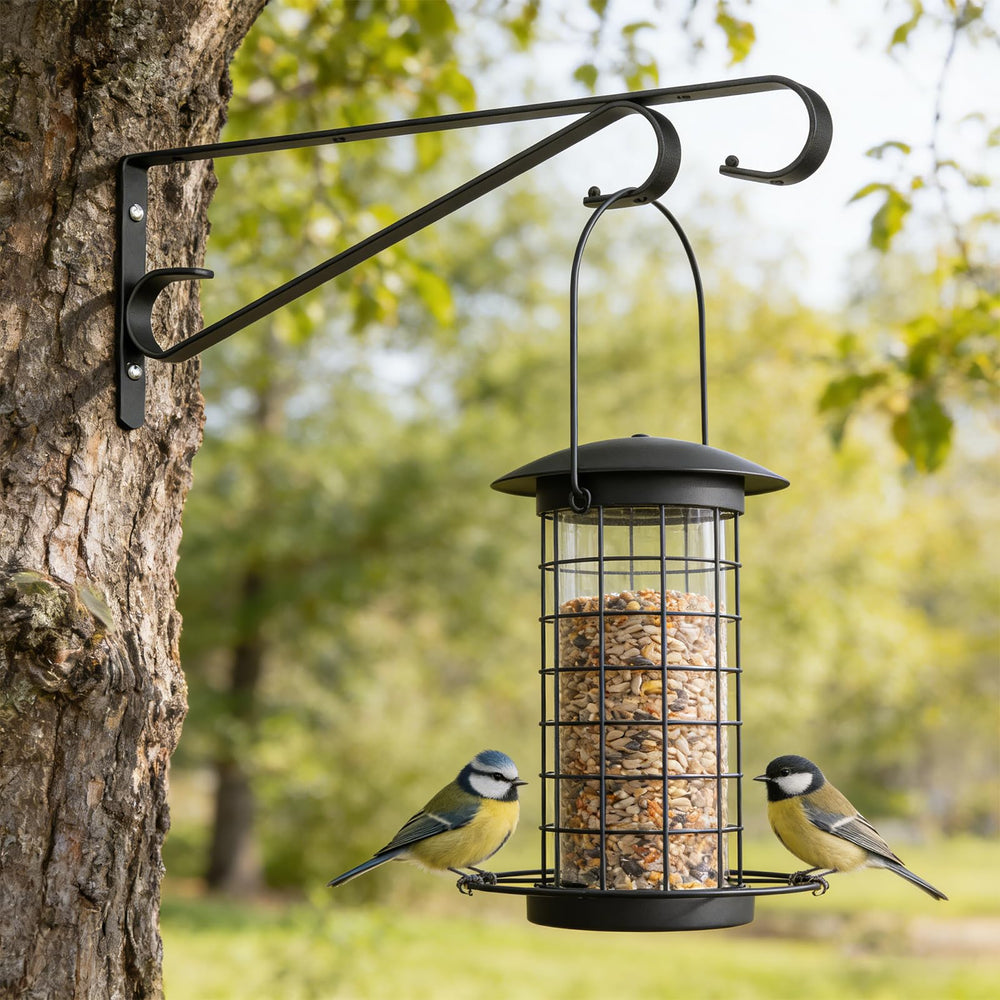 Hystun outdoor plant hangers displayed with bird feeder