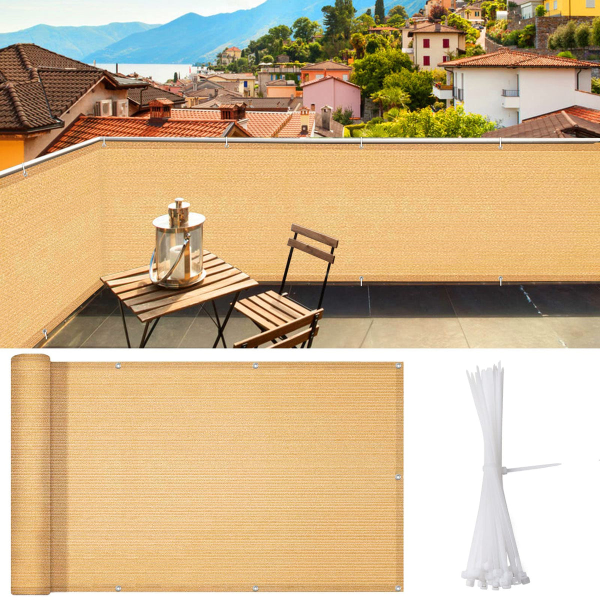 i COVER 3.3x19.5ft Balcony Privacy Screen in Sand, front view