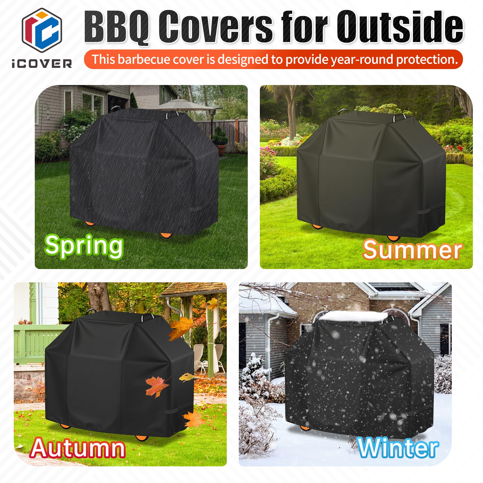 i COVER 55 Inch Grill Cover displayed with cleaning process