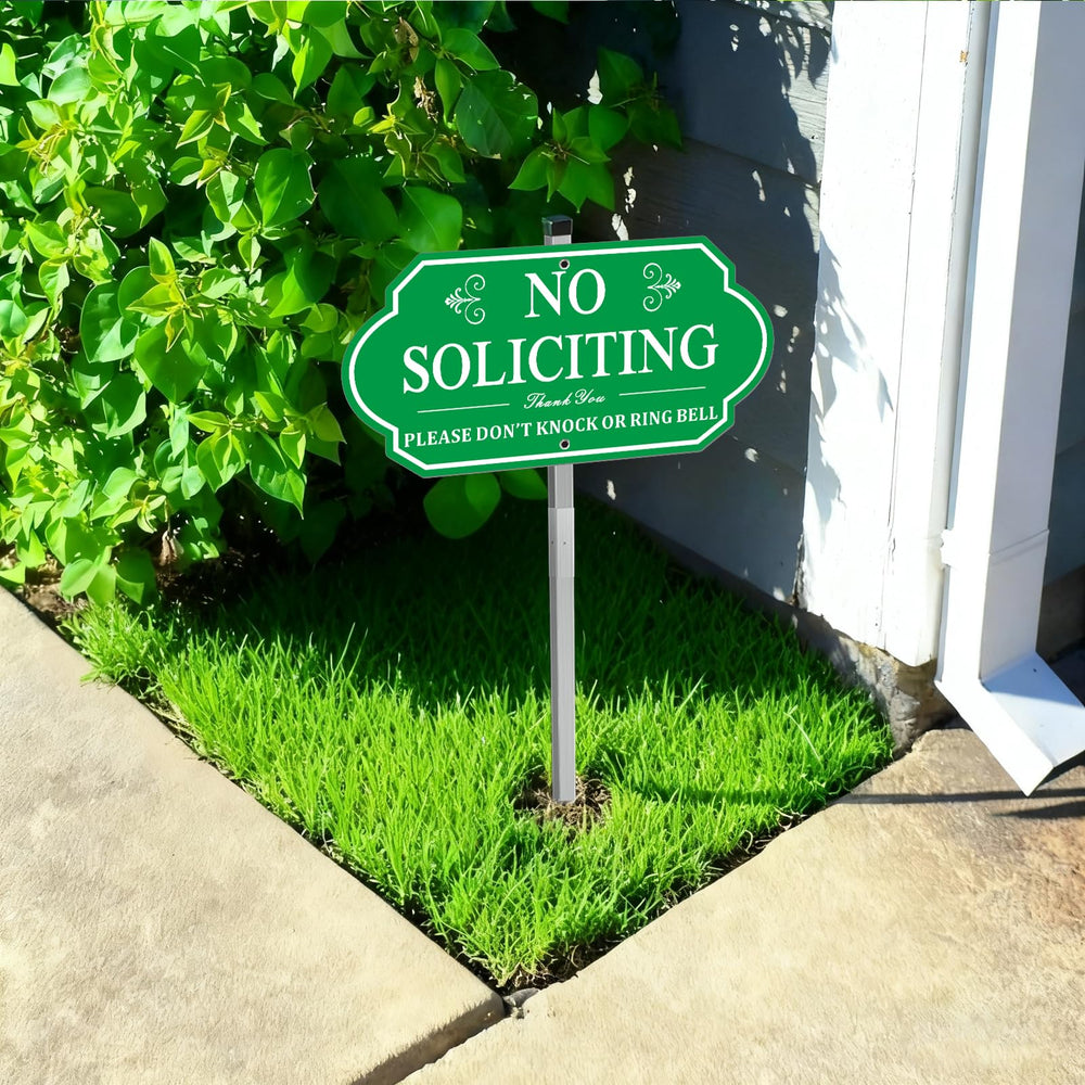 i-CowFun No Soliciting Sign mounted on a tall stake