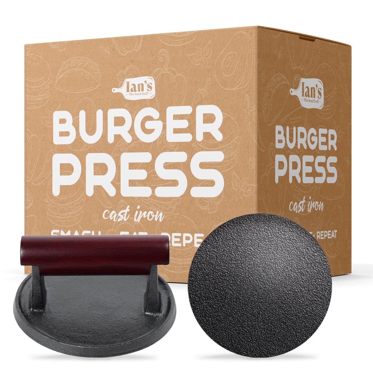 IAN's Smash Burger Press 4 inch with red handle front view