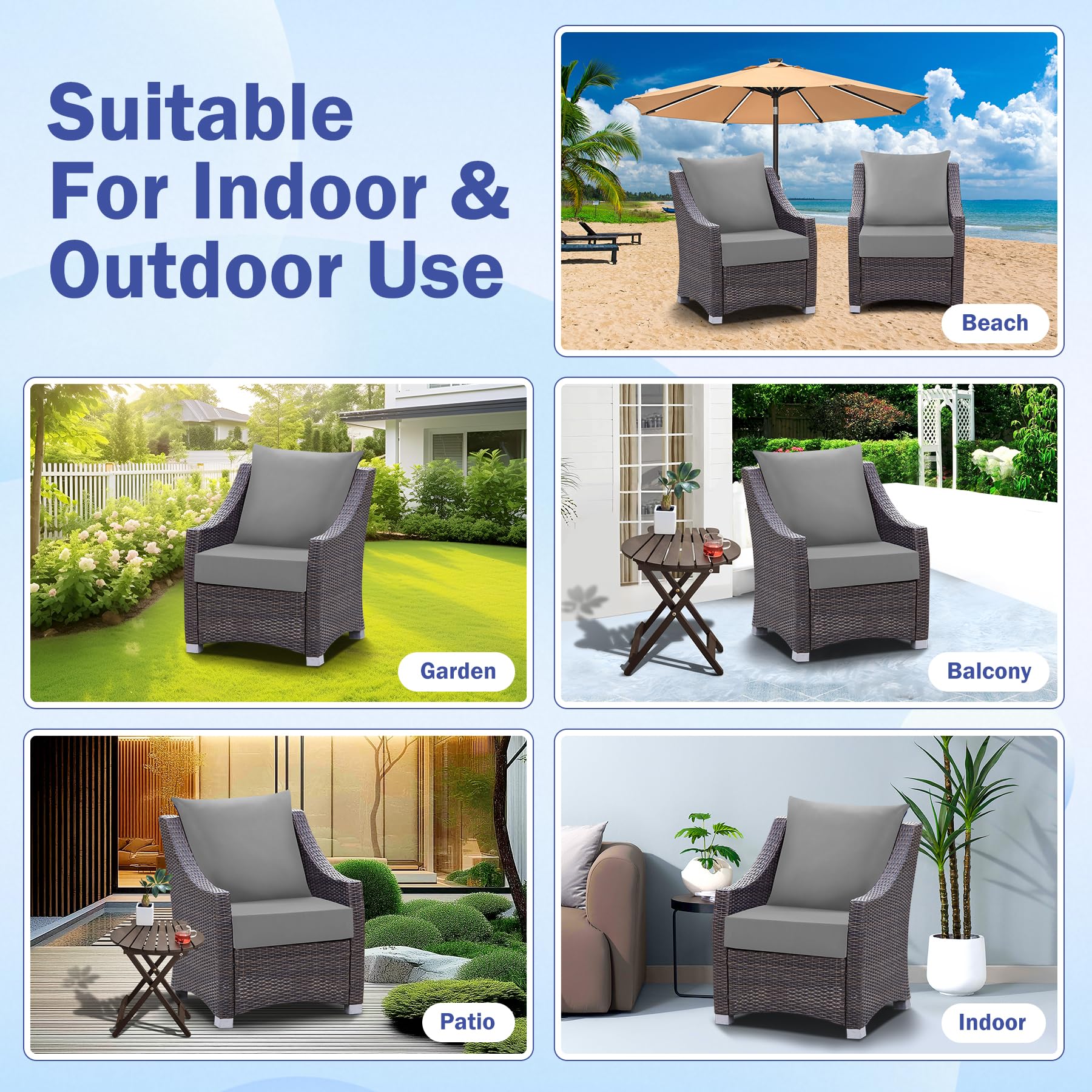 IASEAHK Outdoor Seat Cushion Set Grey tied on chair