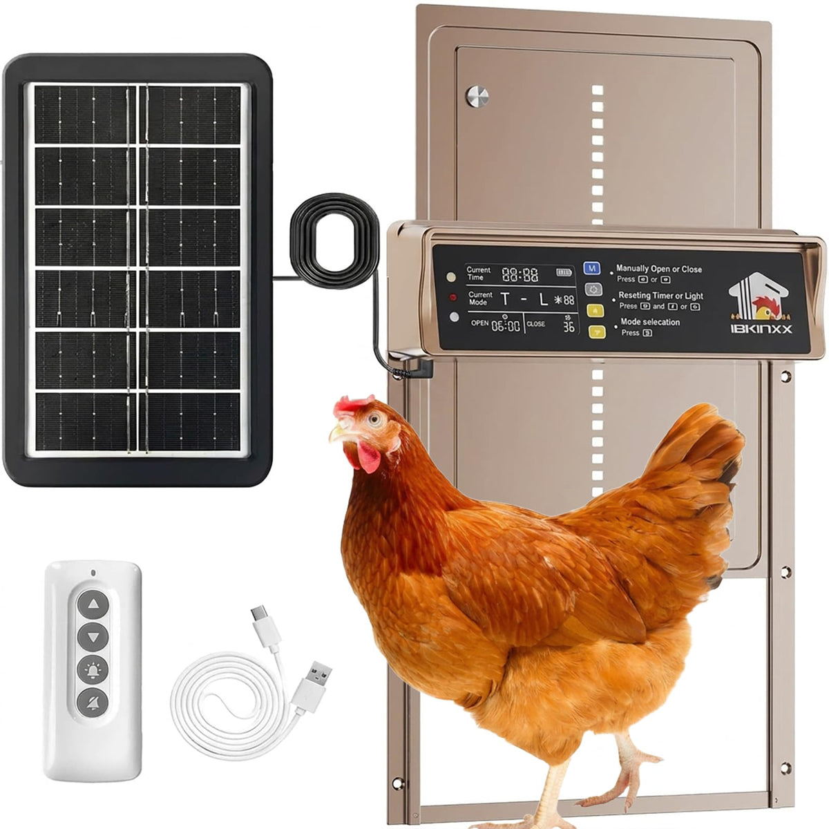 IBKINXX Automatic Chicken Coop Door front view in golden brown