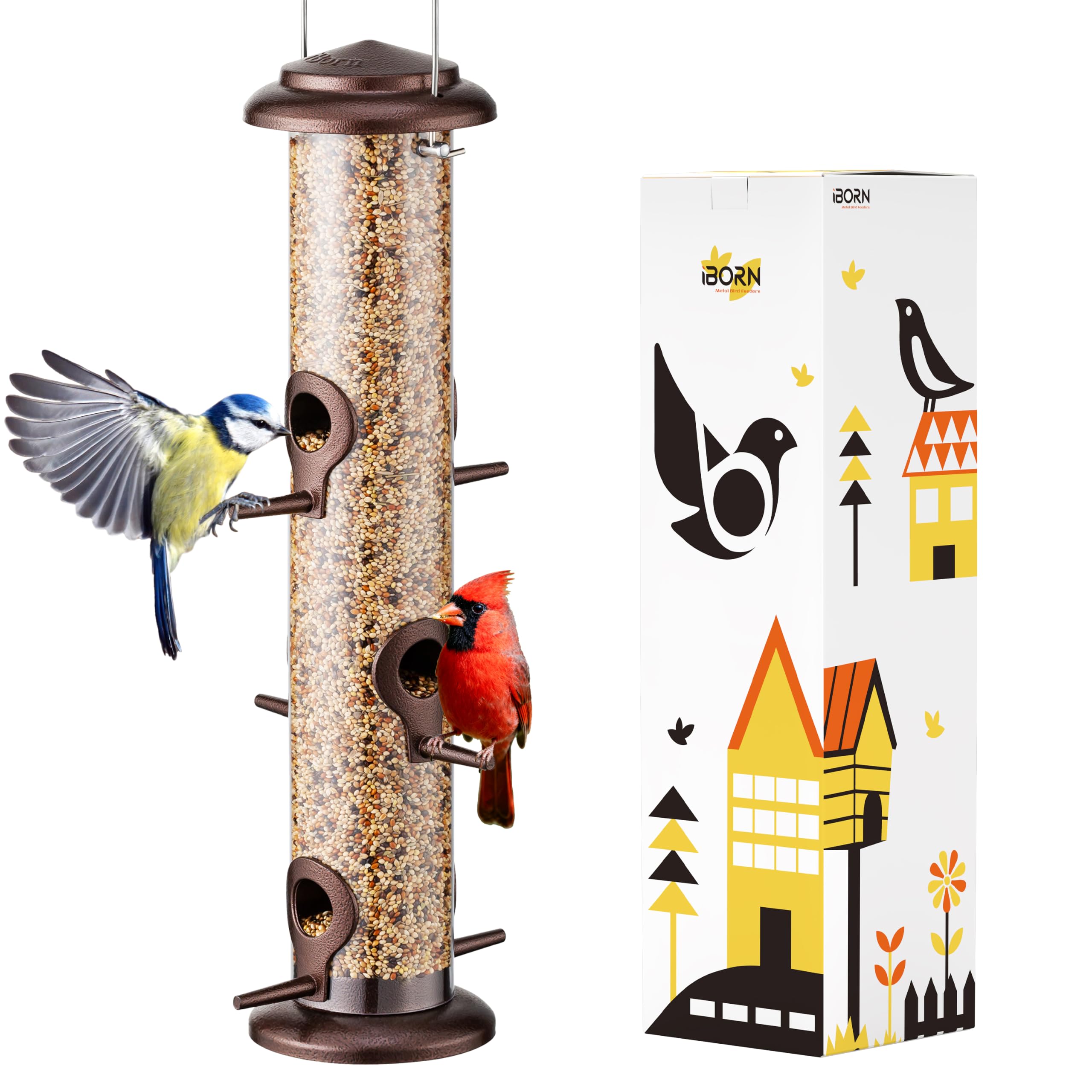 iBorn Bird Feeder 15-inch with six feeding ports, coffee color