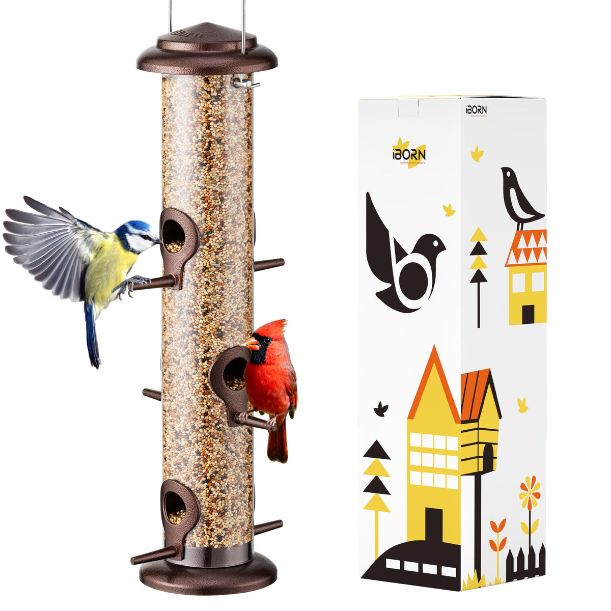 iBorn Bird Feeder 15-inch with six feeding ports, coffee color
