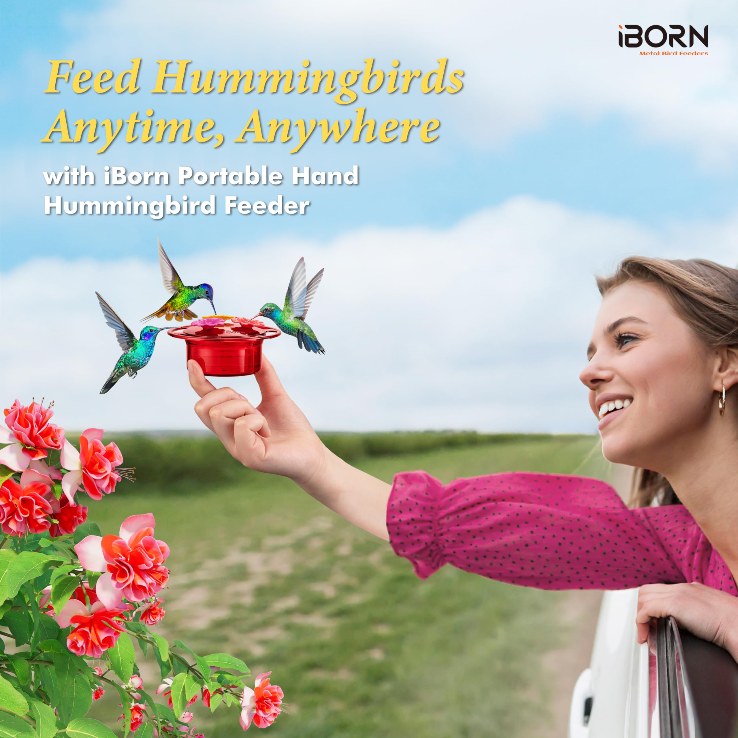 iBorn Handheld Hummingbird Feeder displayed in a garden setting