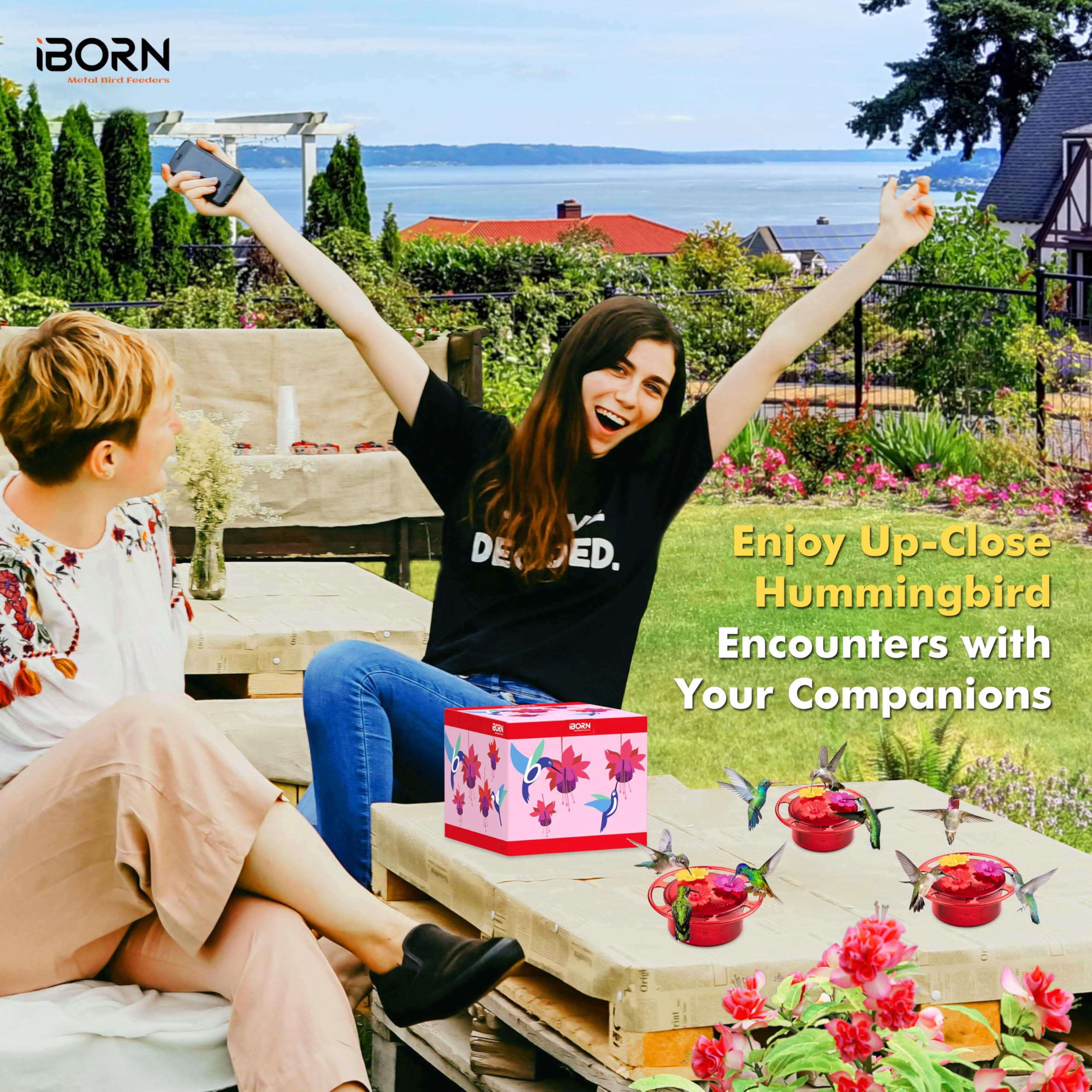 iBorn Handheld Hummingbird Feeder packaging design with fuchsias