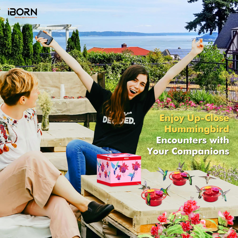 iBorn Handheld Hummingbird Feeder packaging design with fuchsias
