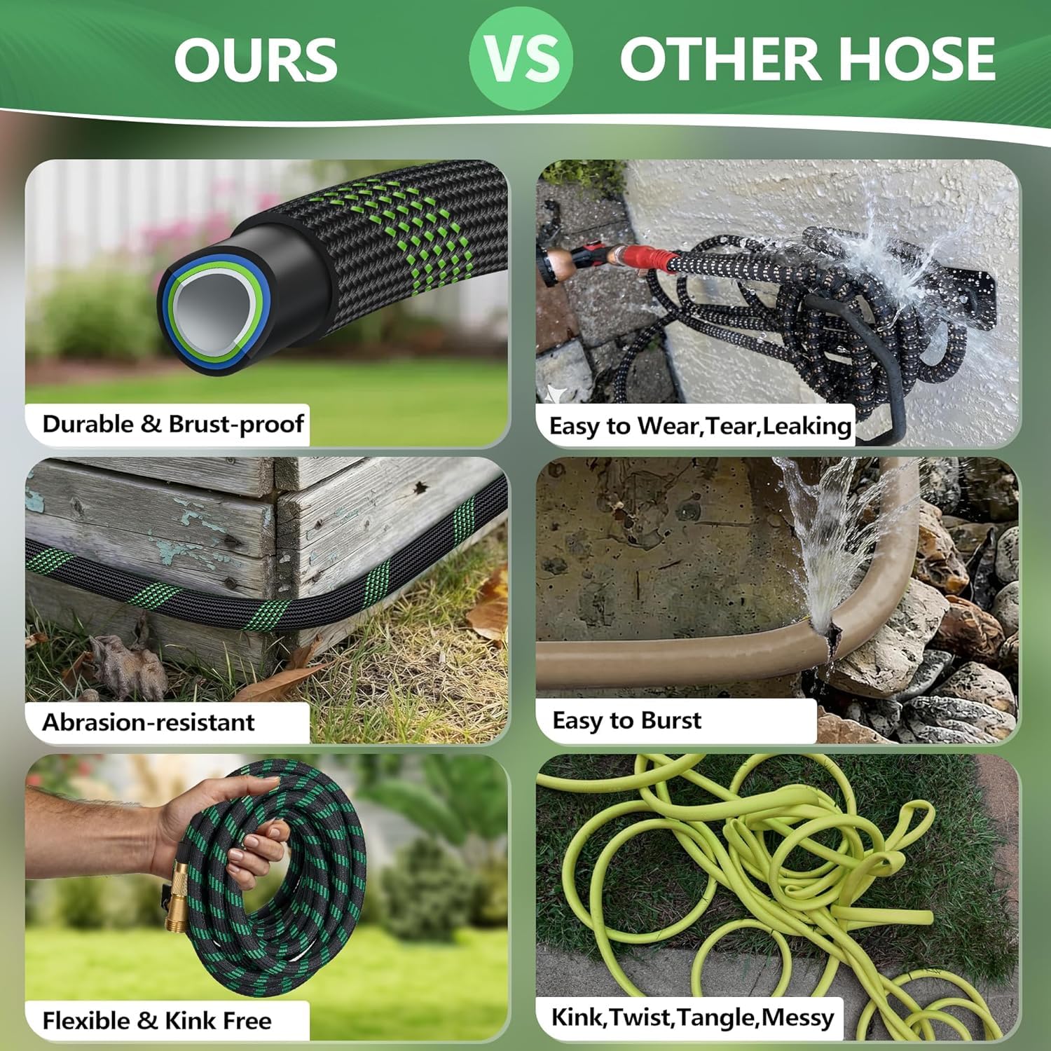 IBXFO 50 FT garden hose laid out flat in garden