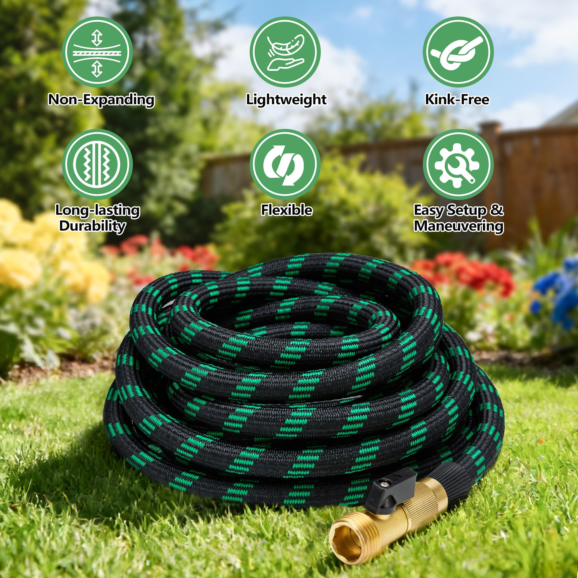 IBXFO garden hose with 10-pattern spray nozzle and seals
