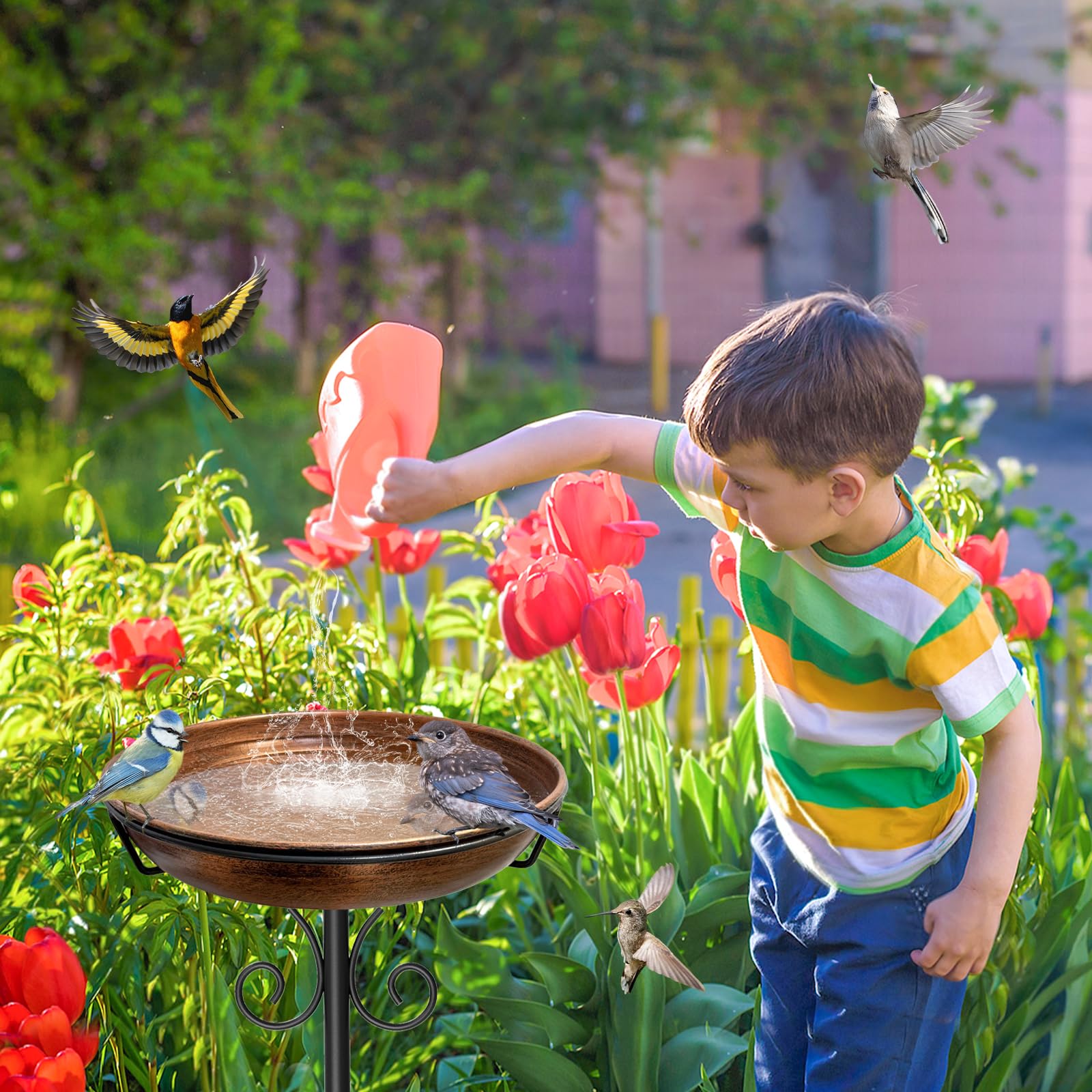 iCHKED bird bath with 5-pronged base in garden setting