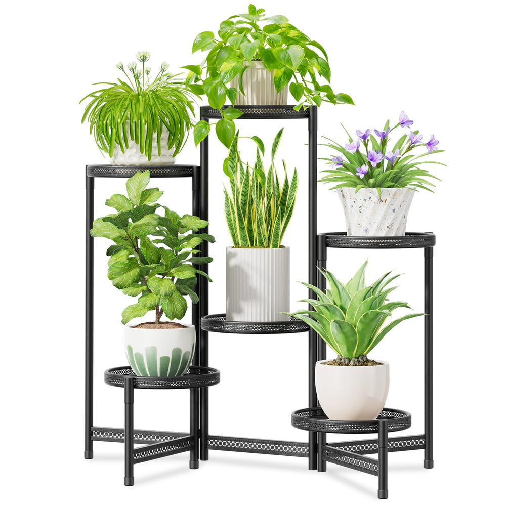 iDavosic.ly 6 Tier Plant Stand Black with large pots displayed