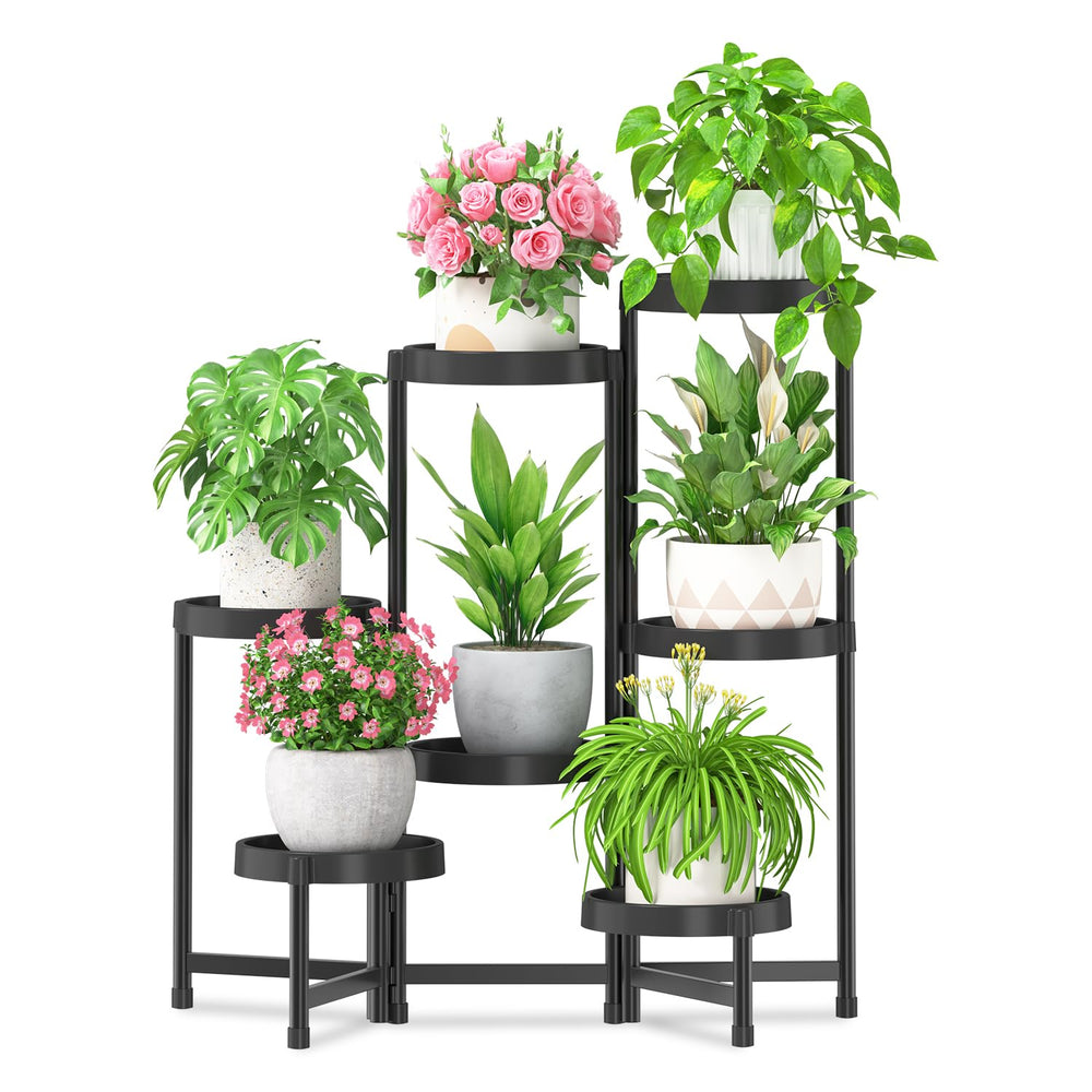 iDavosic.ly 7 Tier Folding Plant Stand side view with black plastic trays