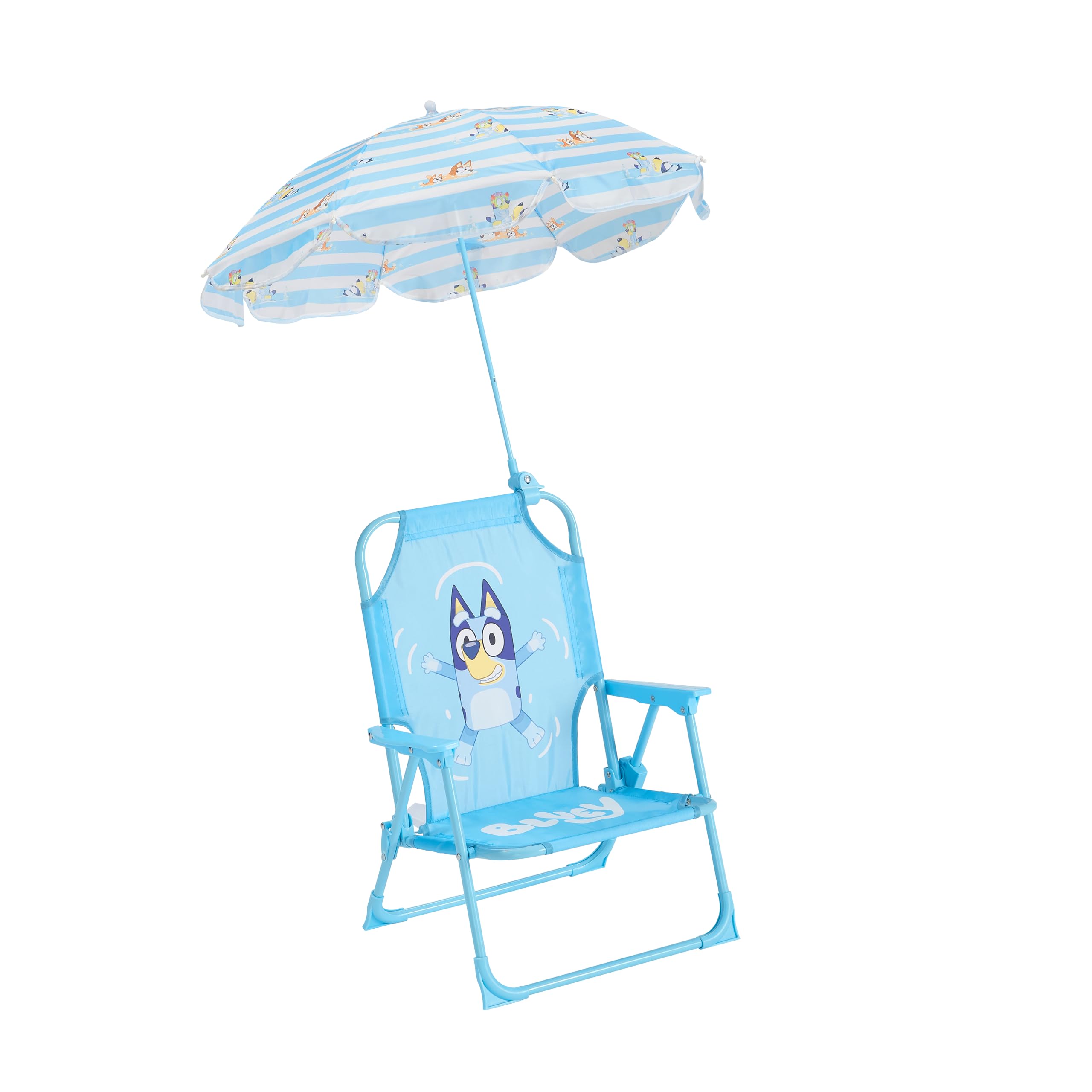 Idea Nuova Bluey Kids Outdoor Folding Beach Chair front view with umbrella