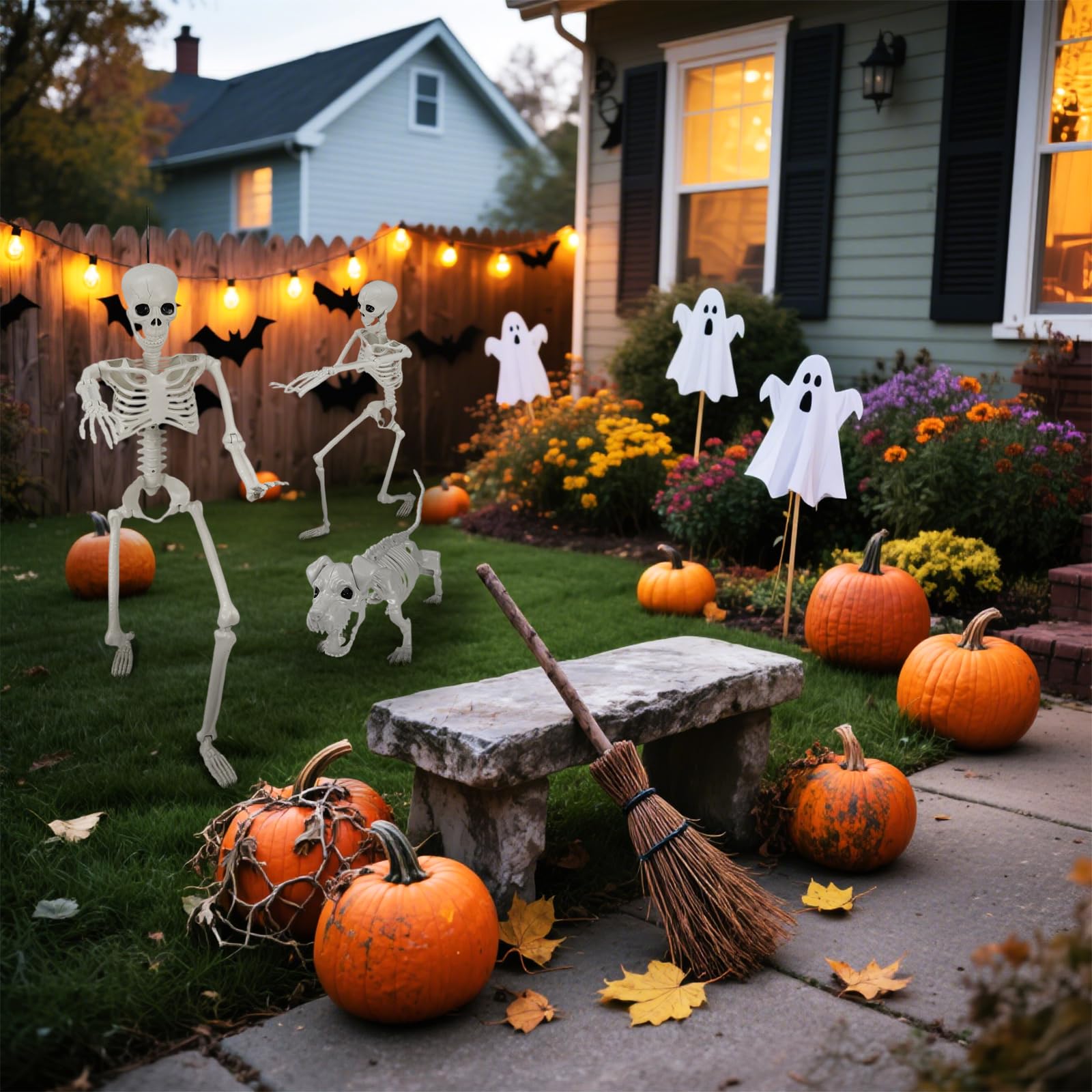 IDEAALS skeleton decoration setup at a Halloween party indoors