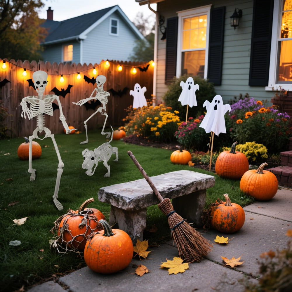 IDEAALS skeleton decoration setup at a Halloween party indoors