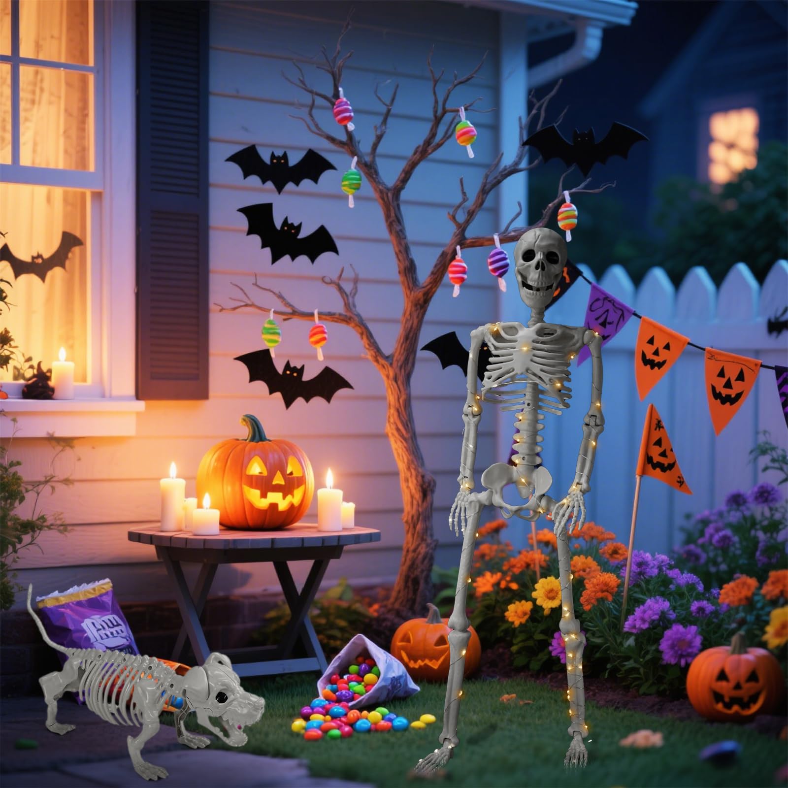 IDEAALS skeleton with articulated dog during night with glowing lights