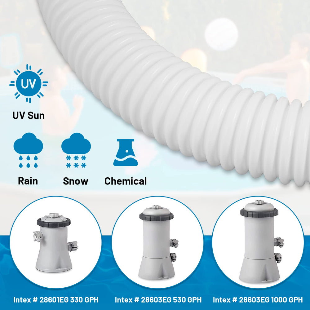 IDEASURE pool hoses displayed with product dimensions