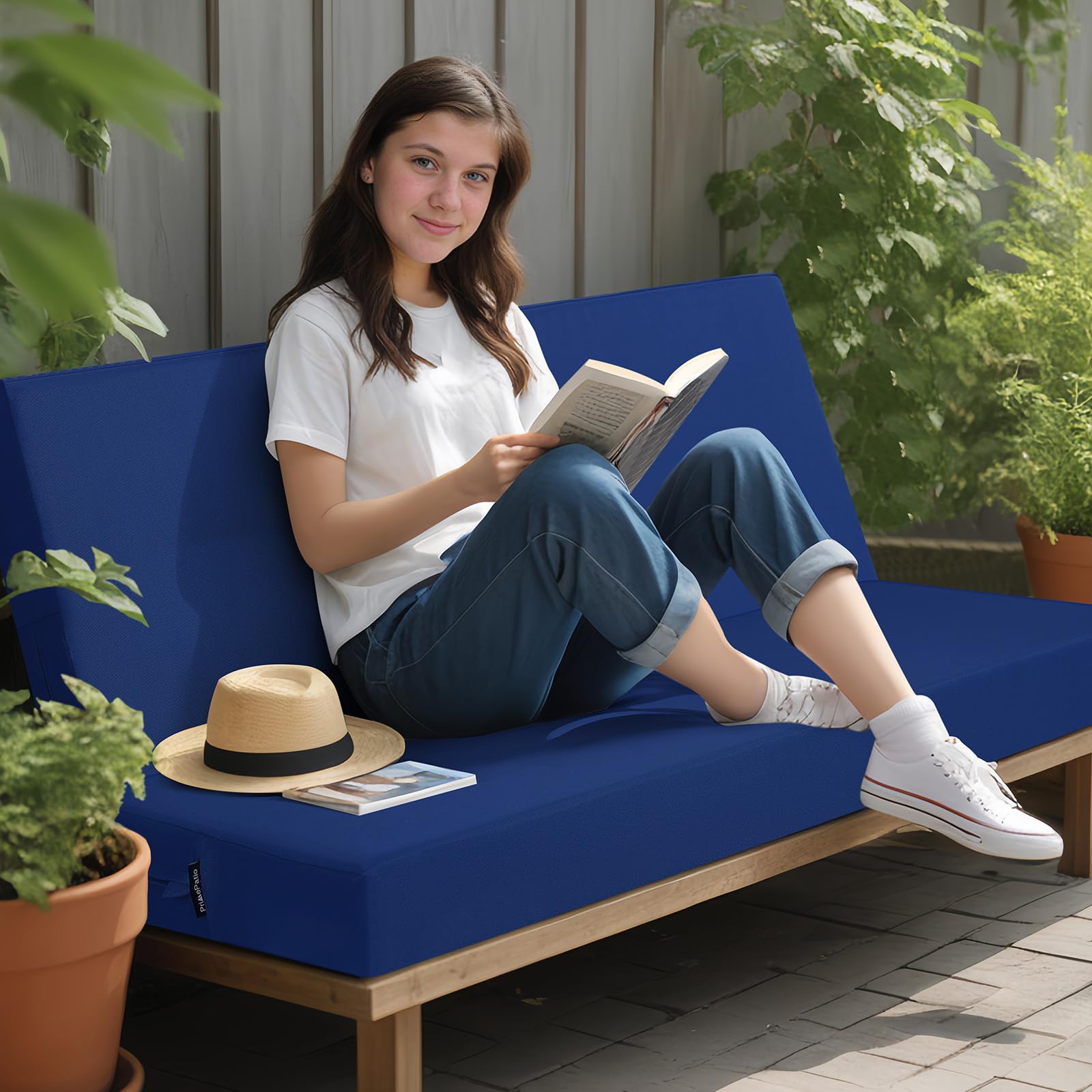 idee-home Outdoor Bench Cushion Dark Cerulean detail with ties