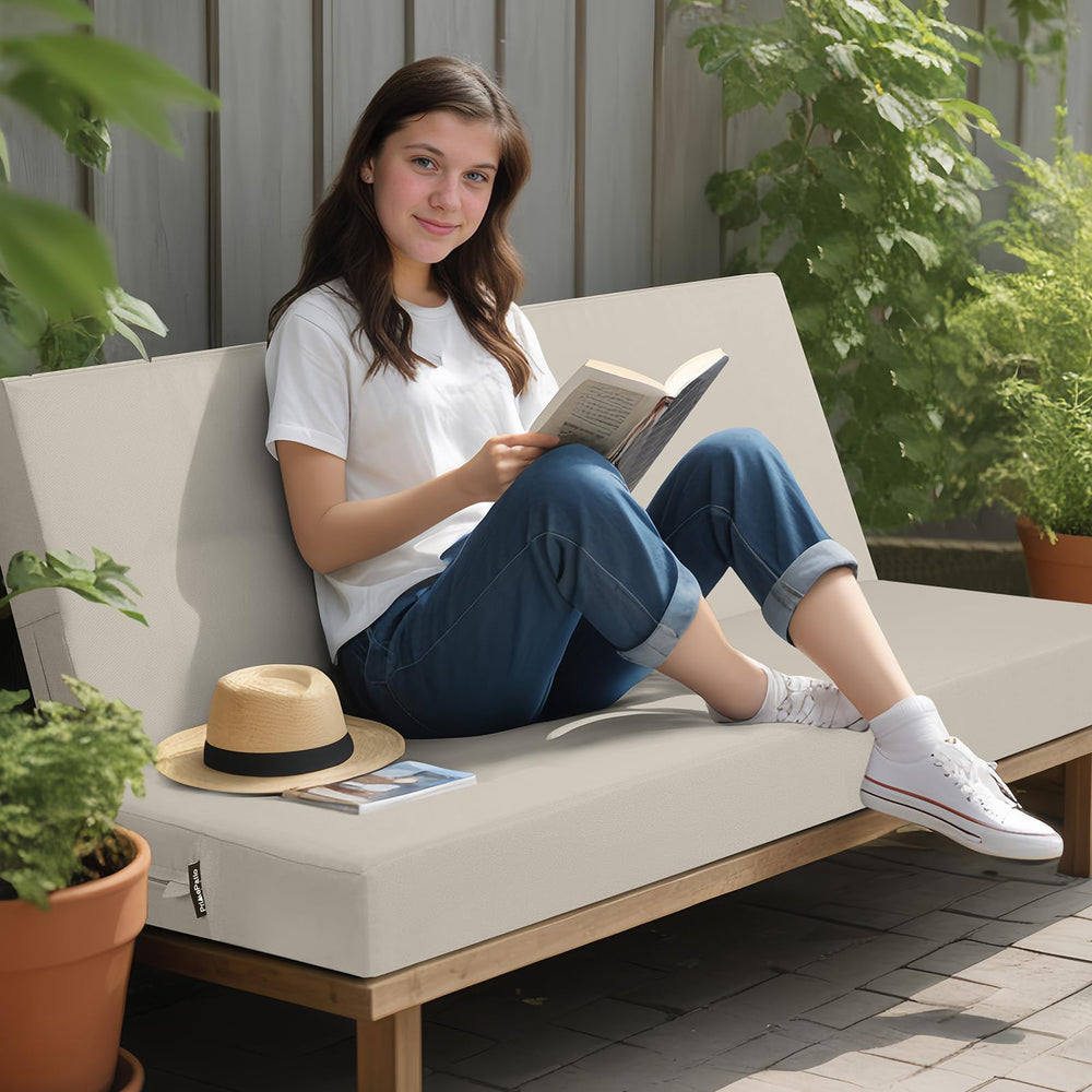 idee-home Outdoor Bench Cushion with ties secured on a bench