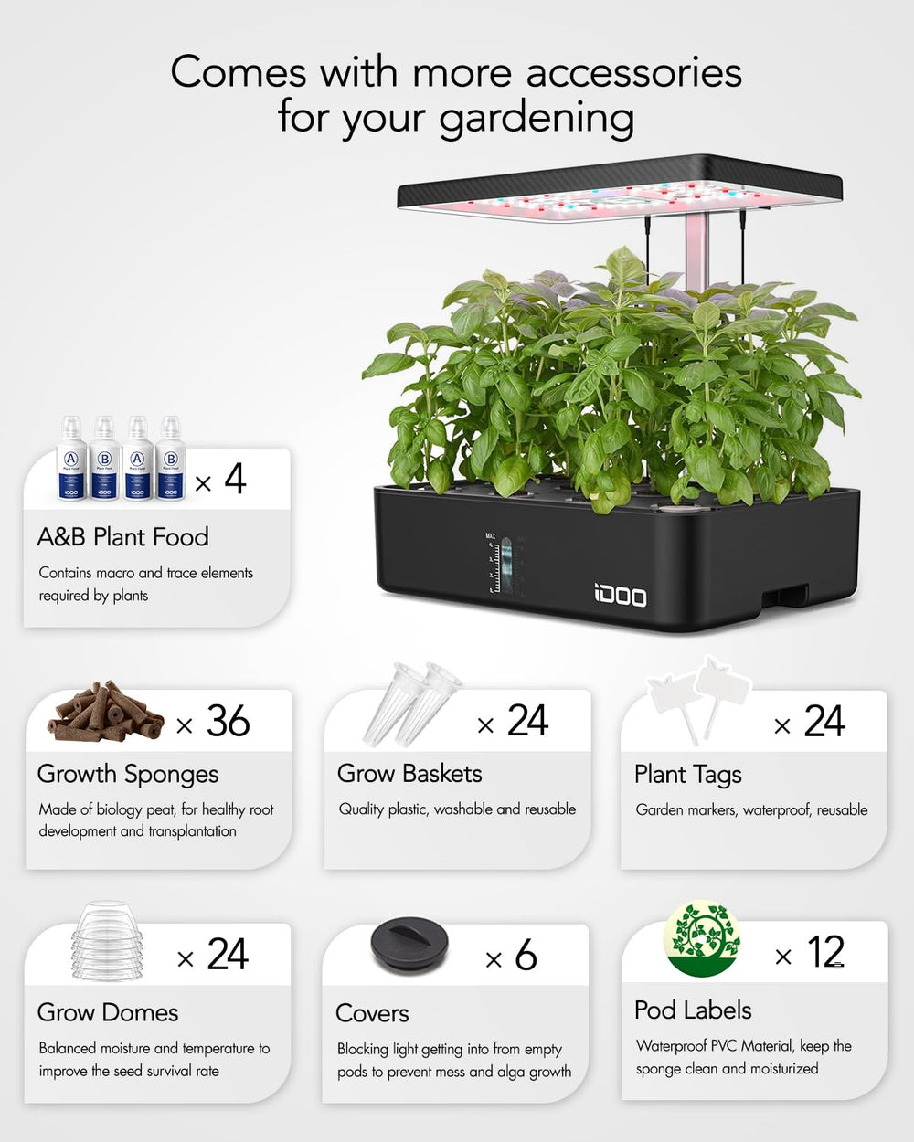 iDOO Hydroponics system with LED light turned on
