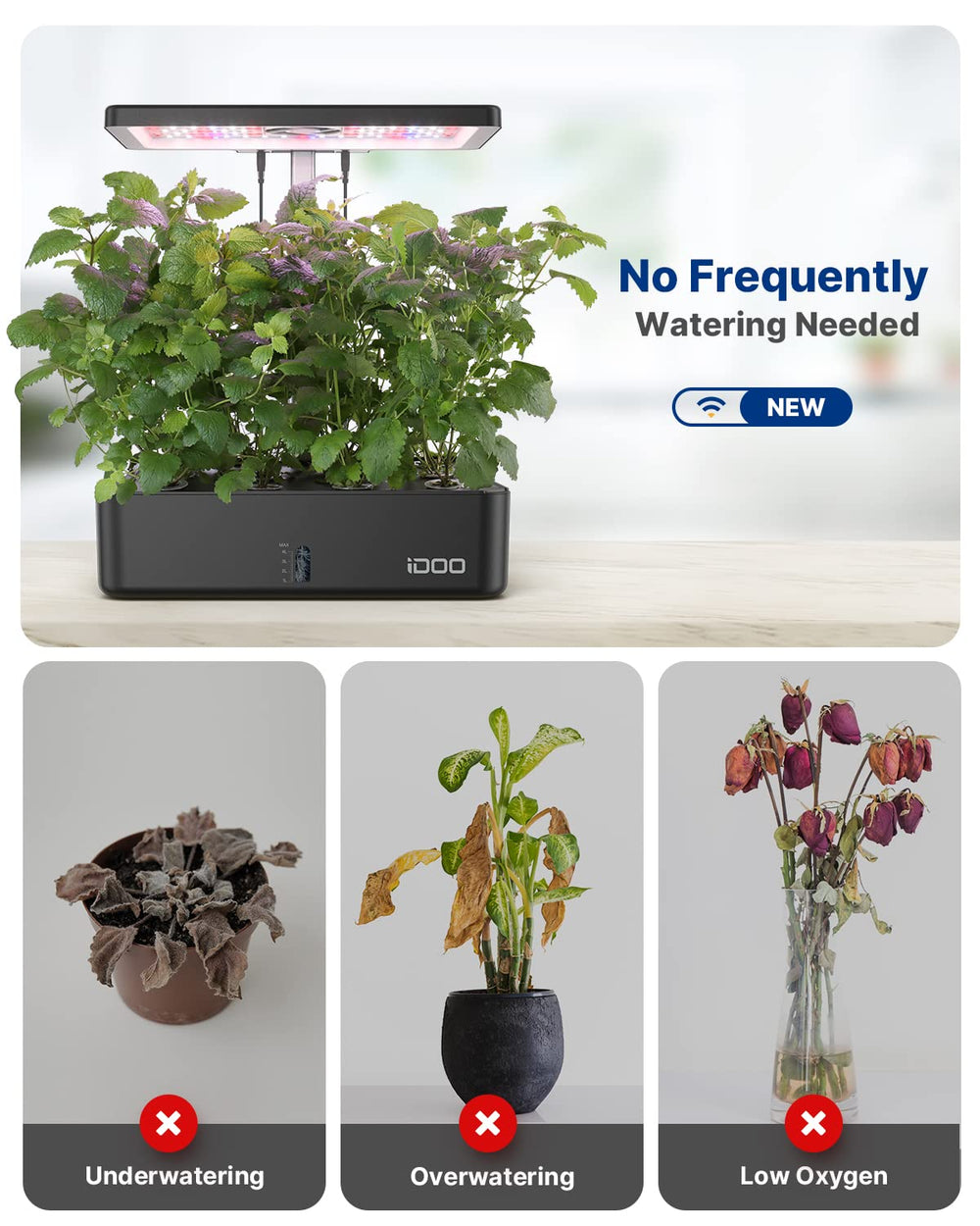 iDOO indoor herb garden with plants growing in pods