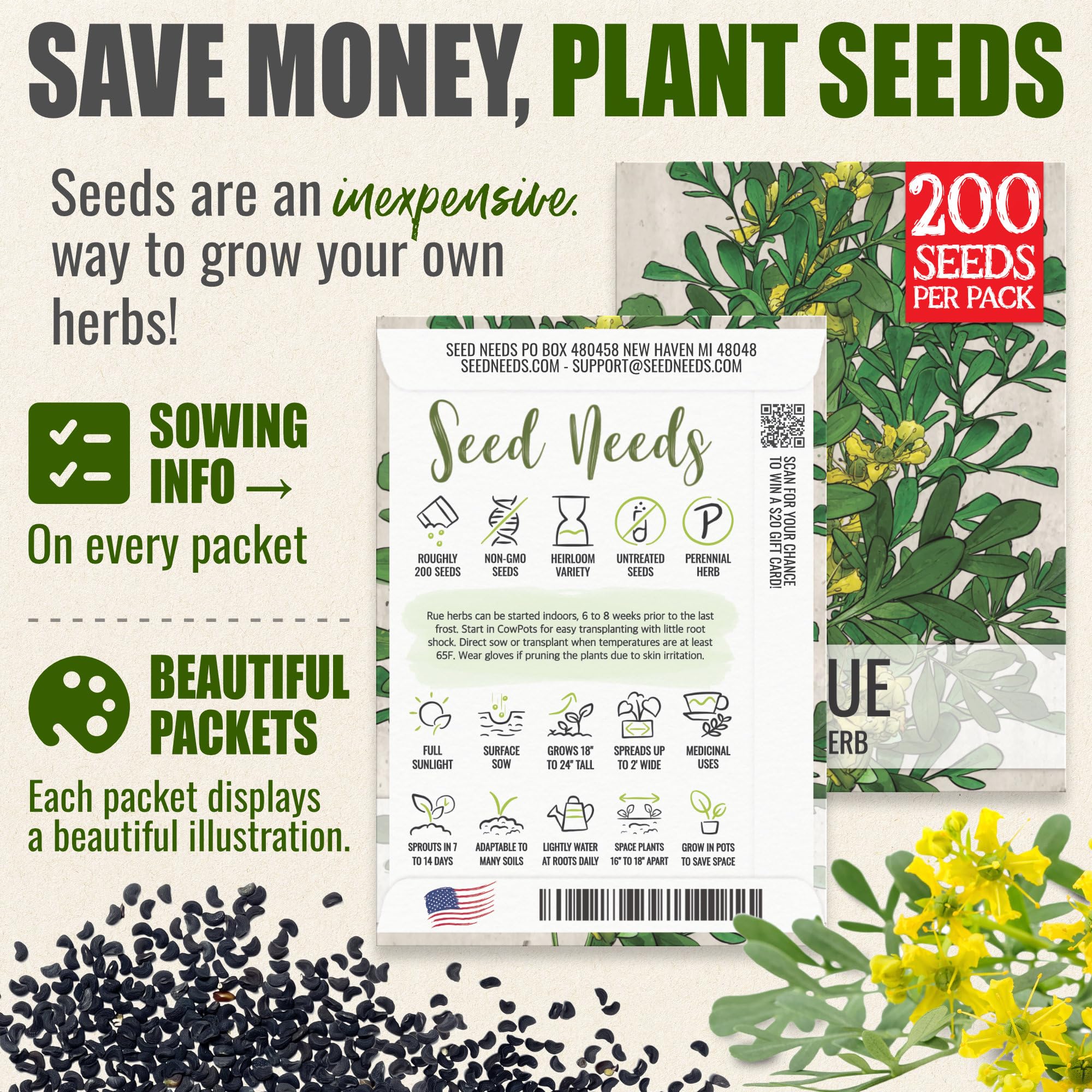 Illustrated guide on the back of Rue Herb seeds packet