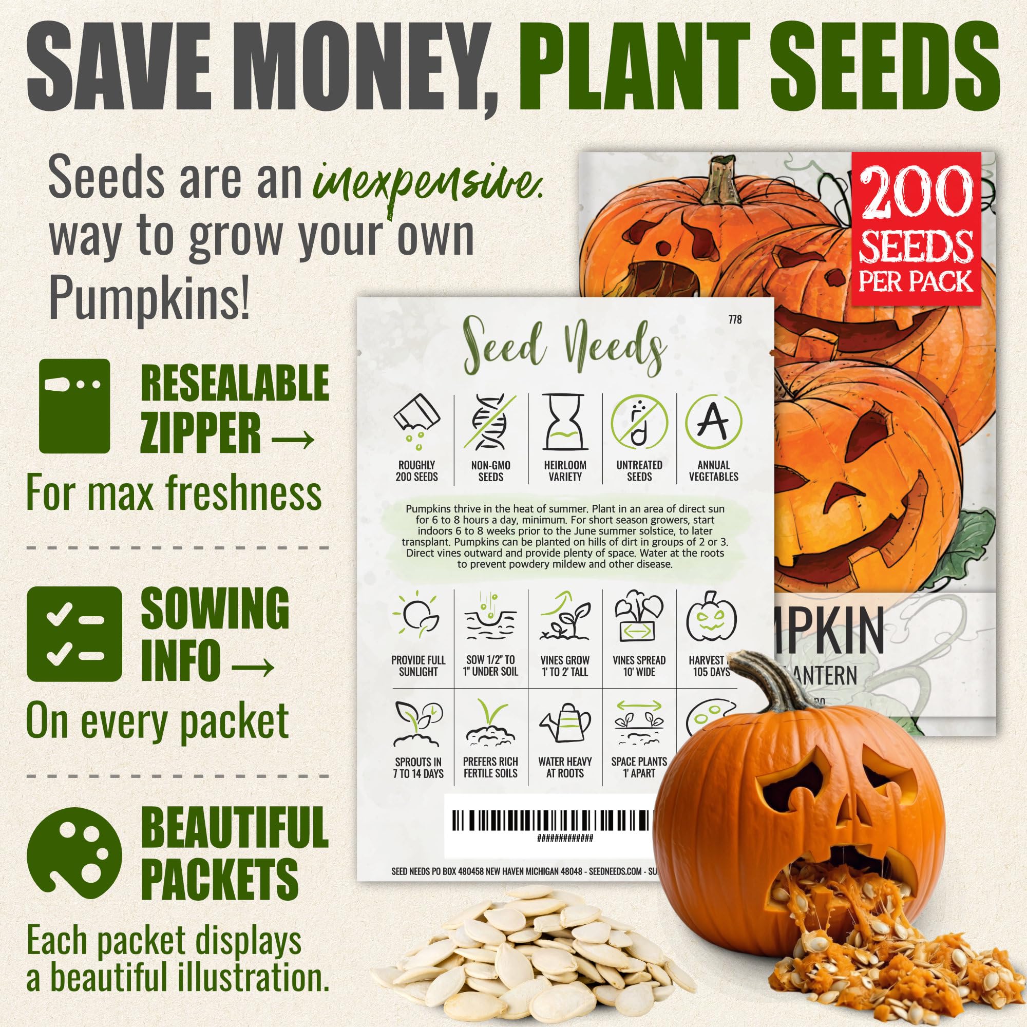 Illustration of Jack O' Lantern pumpkins on seed packet