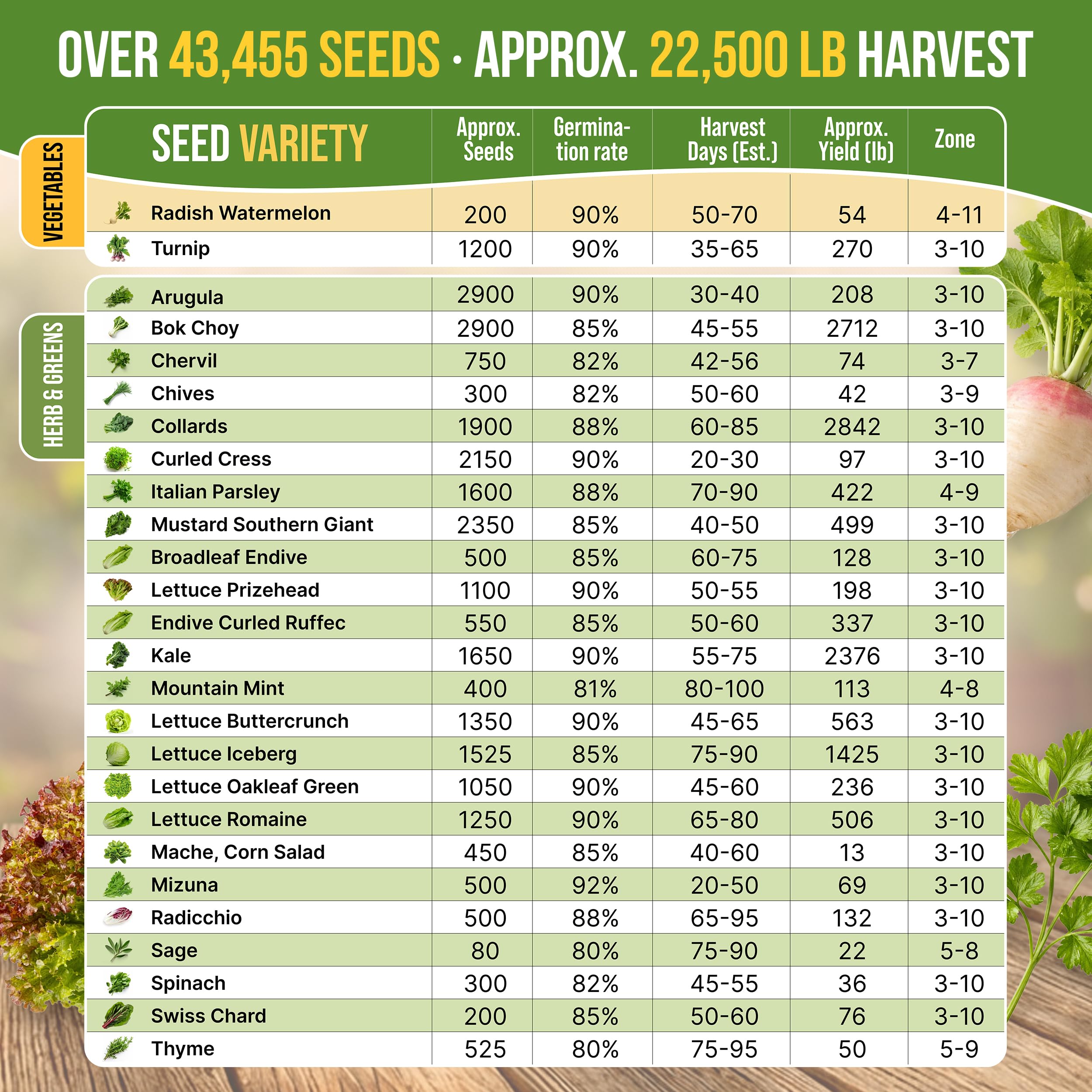Illustration of vegetables included in the seed variety pack