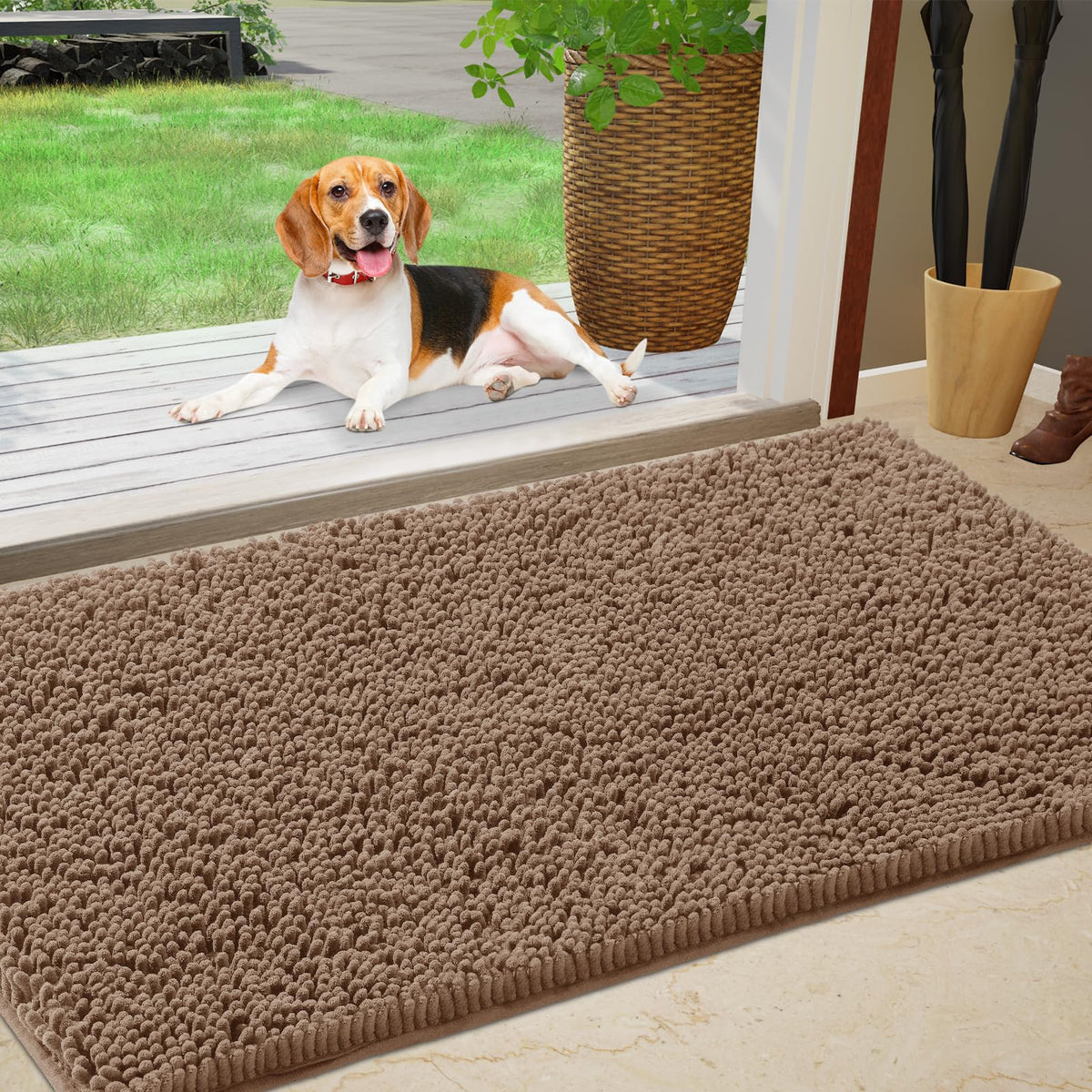 IM HOME Chenille Absorbent Door Mat camel colour front view