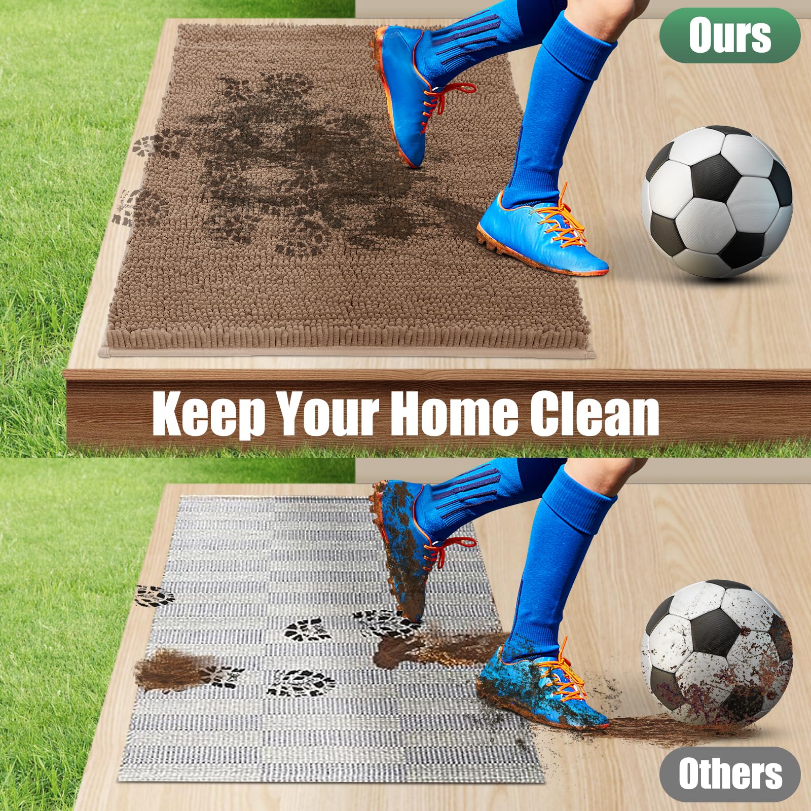 IM HOME Chenille Absorbent Door Mat camel colour with wet shoes