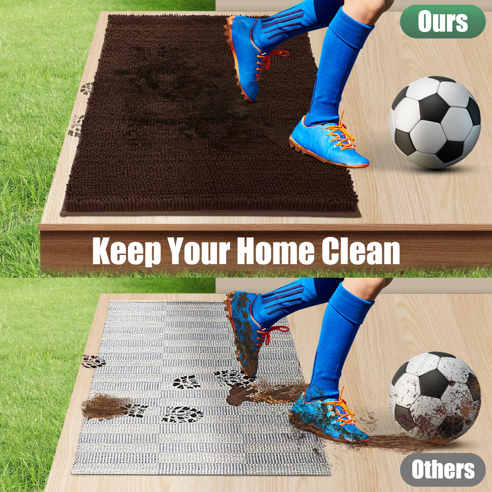 IM HOME Chenille Absorbent Door Mat with muddy shoes on it
