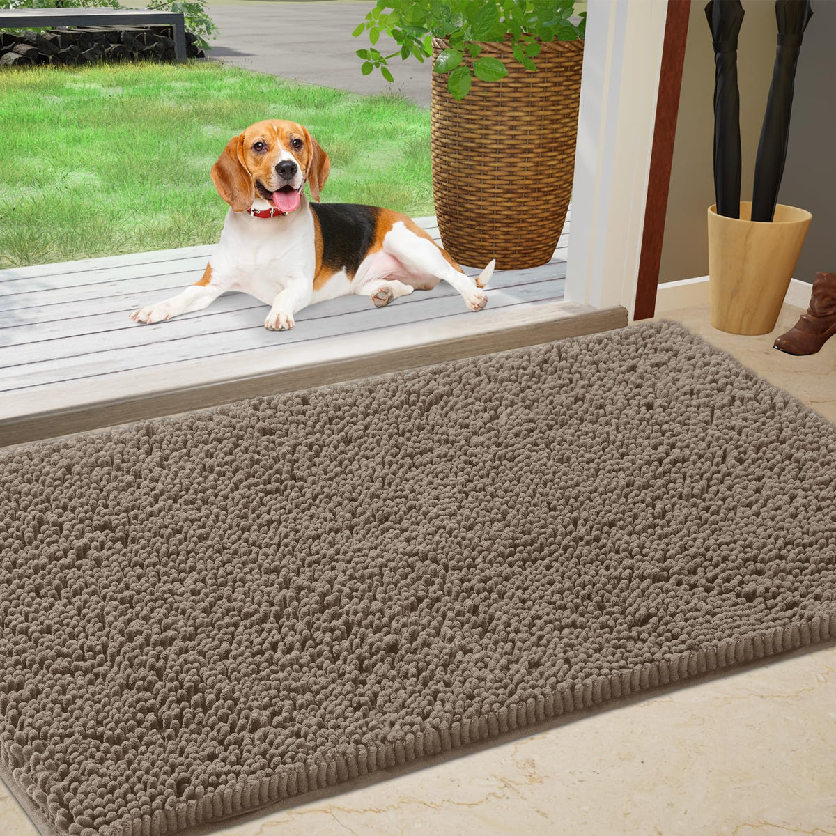 IM HOME Chenille Absorbent Indoor Door Mat beige front view
