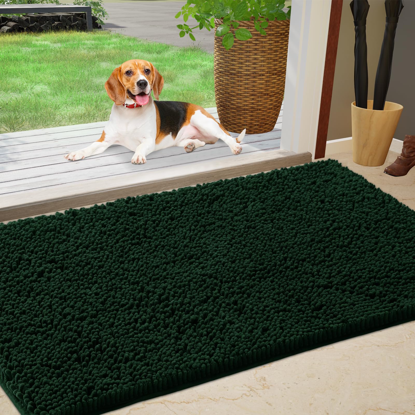 IM HOME Chenille Absorbent Indoor Door Mat front view, dark green