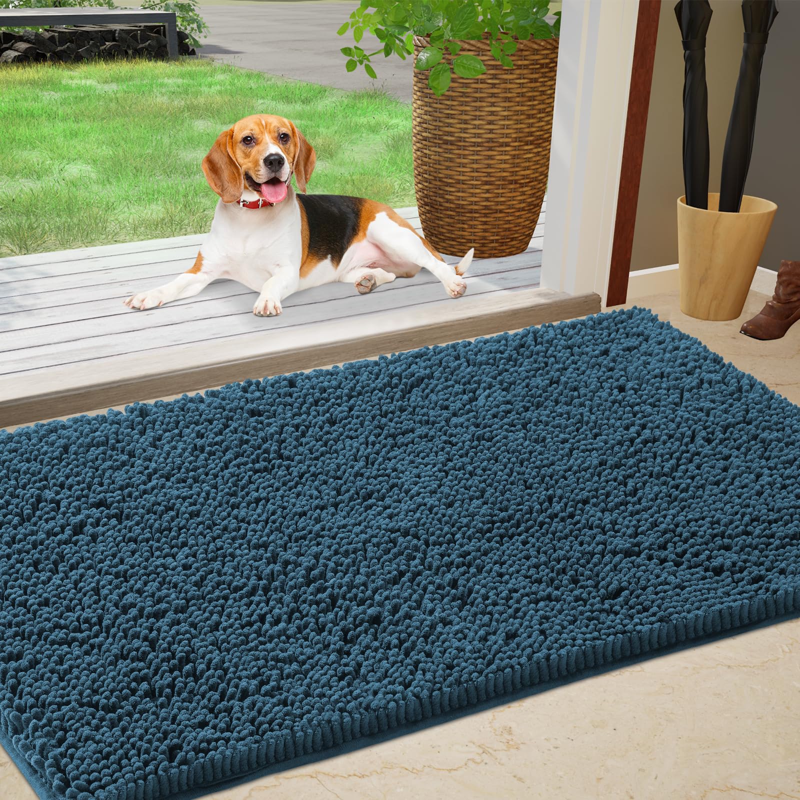 IM HOME Chenille Absorbent Indoor Door Mat front view in Atlantic Blue