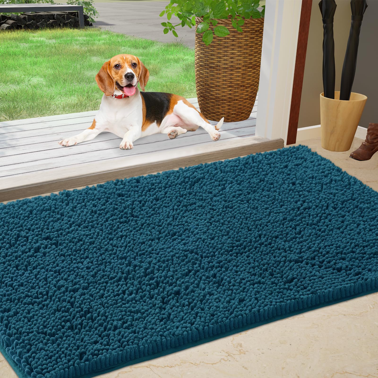 IM HOME Chenille Absorbent Indoor Door Mat front view in teal blue