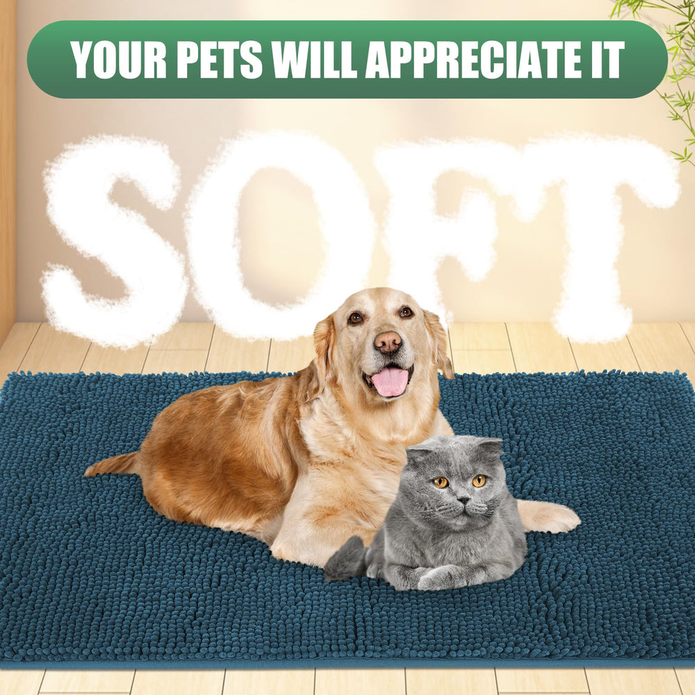 IM HOME Chenille Absorbent Indoor Door Mat in a doorway with muddy shoes