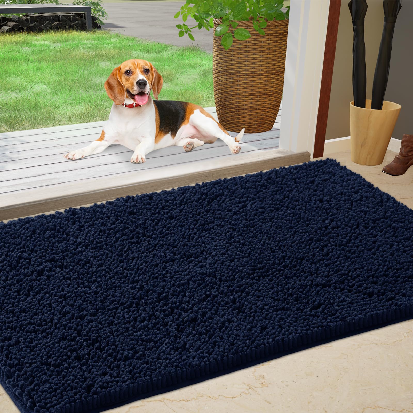 IM HOME Chenille Absorbent Indoor Door Mat in navy blue, front view
