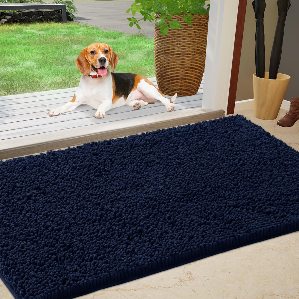 IM HOME Chenille Absorbent Indoor Door Mat in navy blue, front view