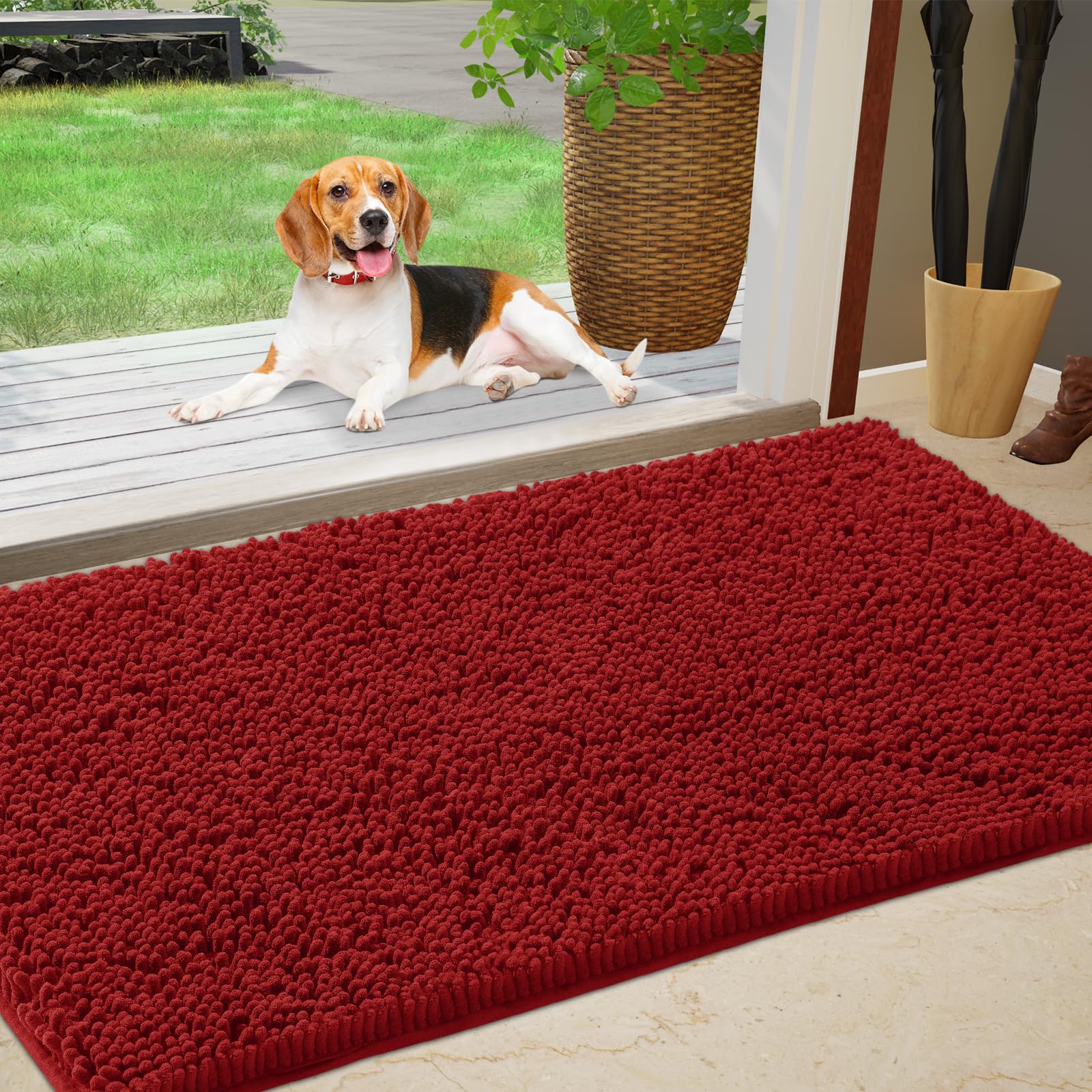 IM HOME Chenille Absorbent Indoor Door Mat in red, front view
